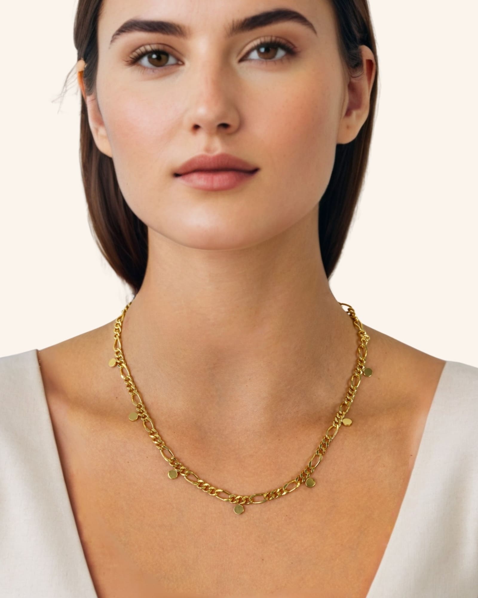Dancing Discs Figaro Gold Chain Necklace by Lavana, on model figaro links with small polished discs