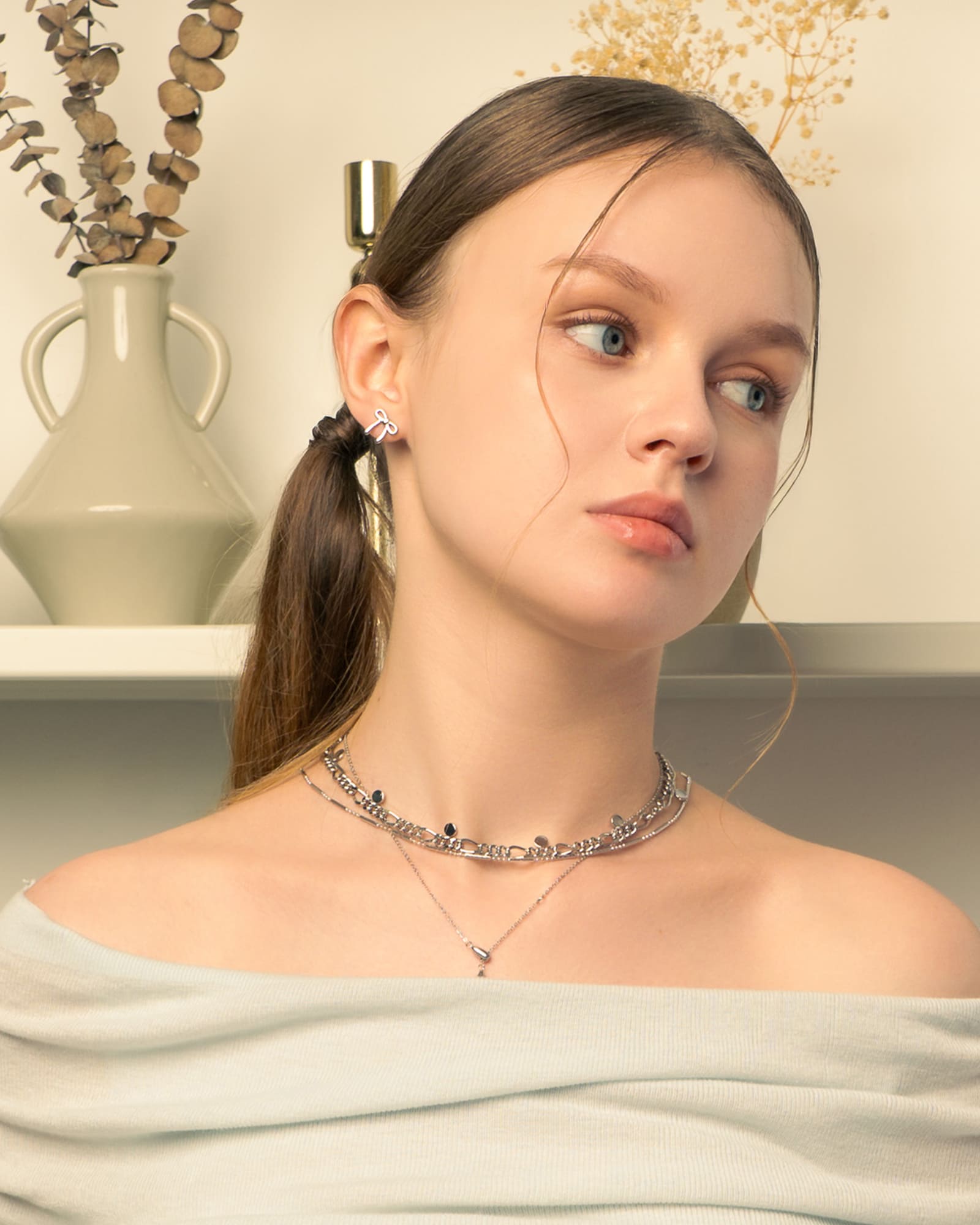 Dancing Discs Figaro Silver Chain Necklace by Lavana, on model modern figaro links with small polished discs