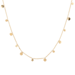 Dancing Discs Front Chain Necklace by Lavana, fine chain with scattered polished discs, angled view