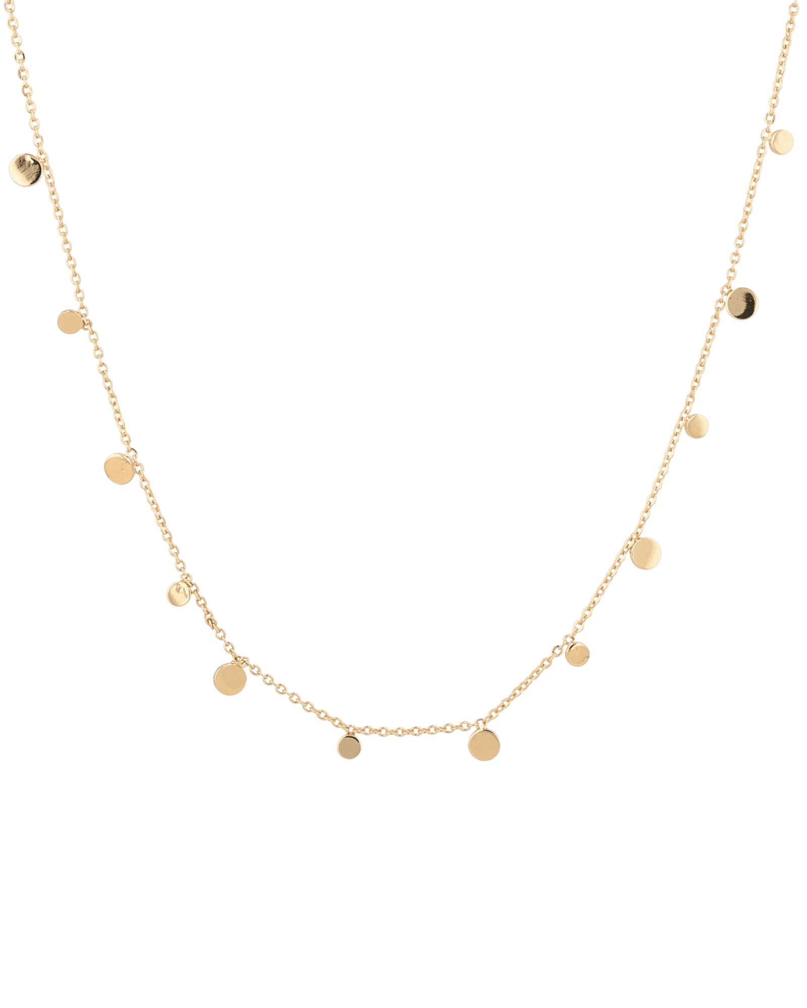 Dancing Discs Front Chain Necklace by Lavana, fine chain with scattered polished discs, angled view