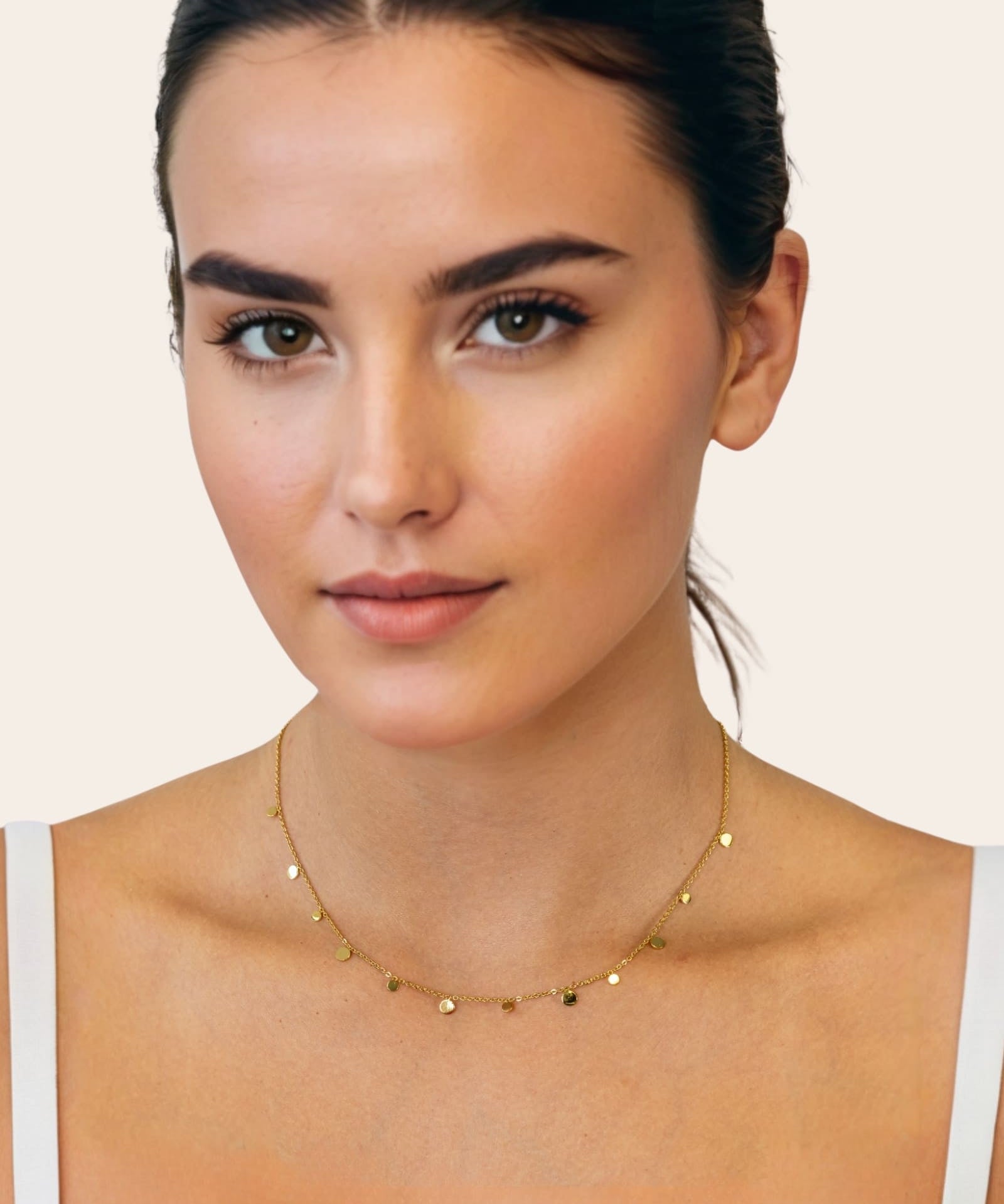 Dancing Discs Gold Chain Necklace by Lavana, fine chain with scattered polished discs