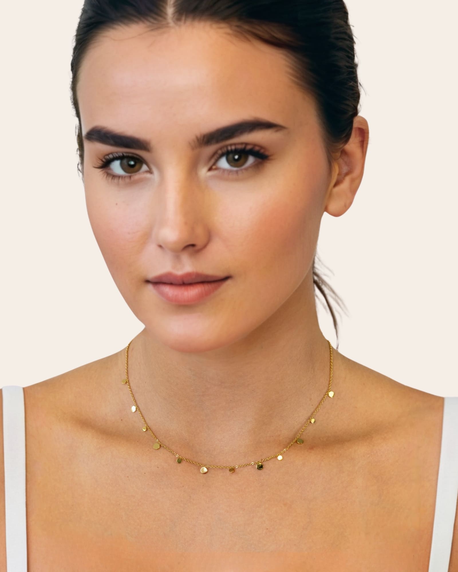Dancing Discs Gold Chain Necklace by Lavana, fine chain with scattered polished discs