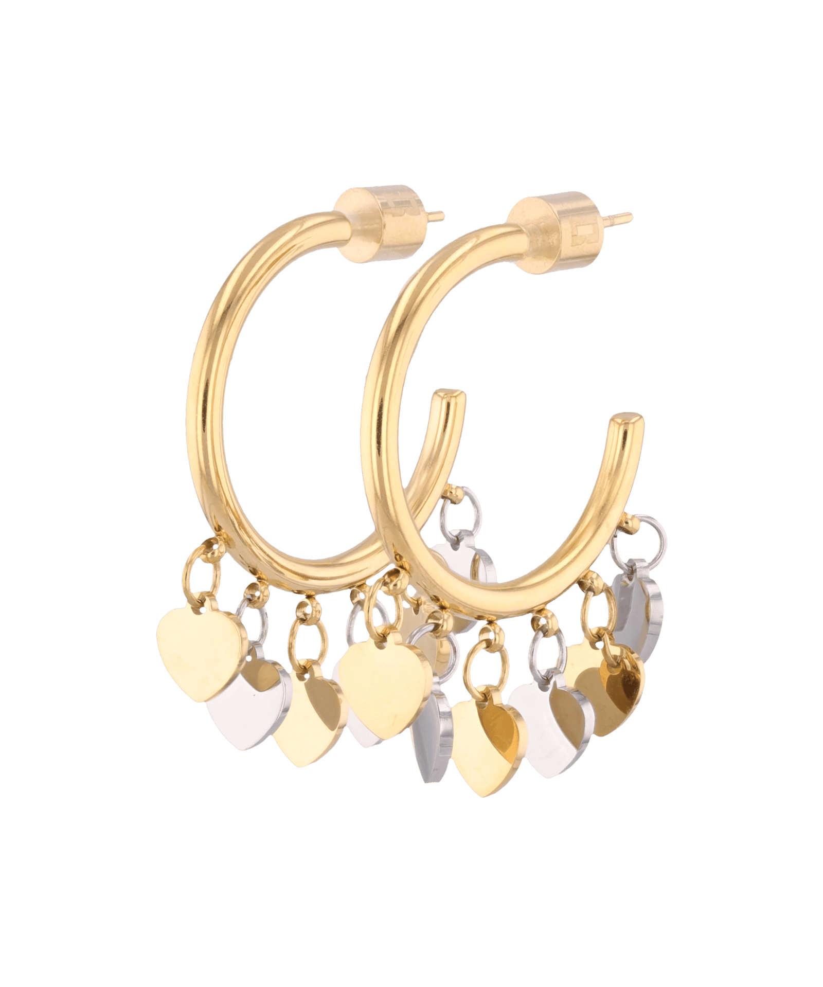 Dancing Discs Gold Hoop Earrings by LAVANA, with polished discs along the lower hoop