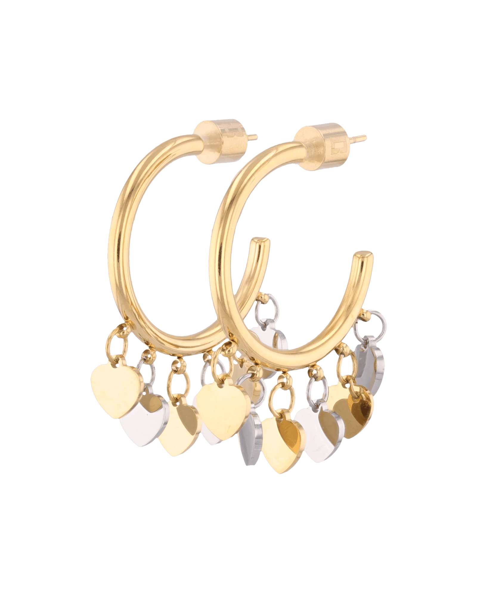 Dancing Discs Gold Hoop Earrings by LAVANA, with polished discs along the lower hoop