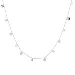 Dancing Discs Silver Chain Necklace by Lavana, fine chain with scattered polished discs, front view