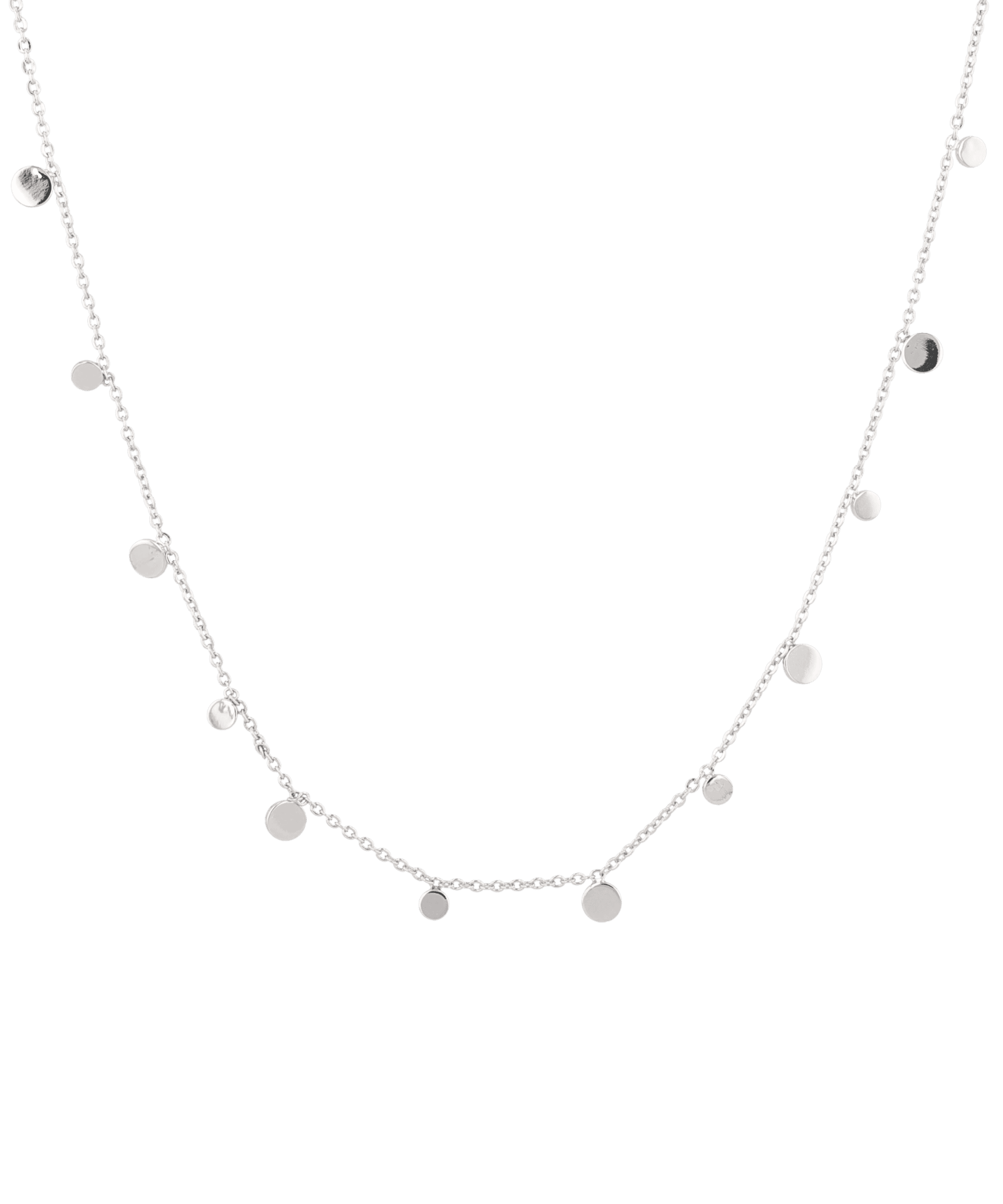 Dancing Discs Silver Chain Necklace by Lavana, fine chain with scattered polished discs, front view