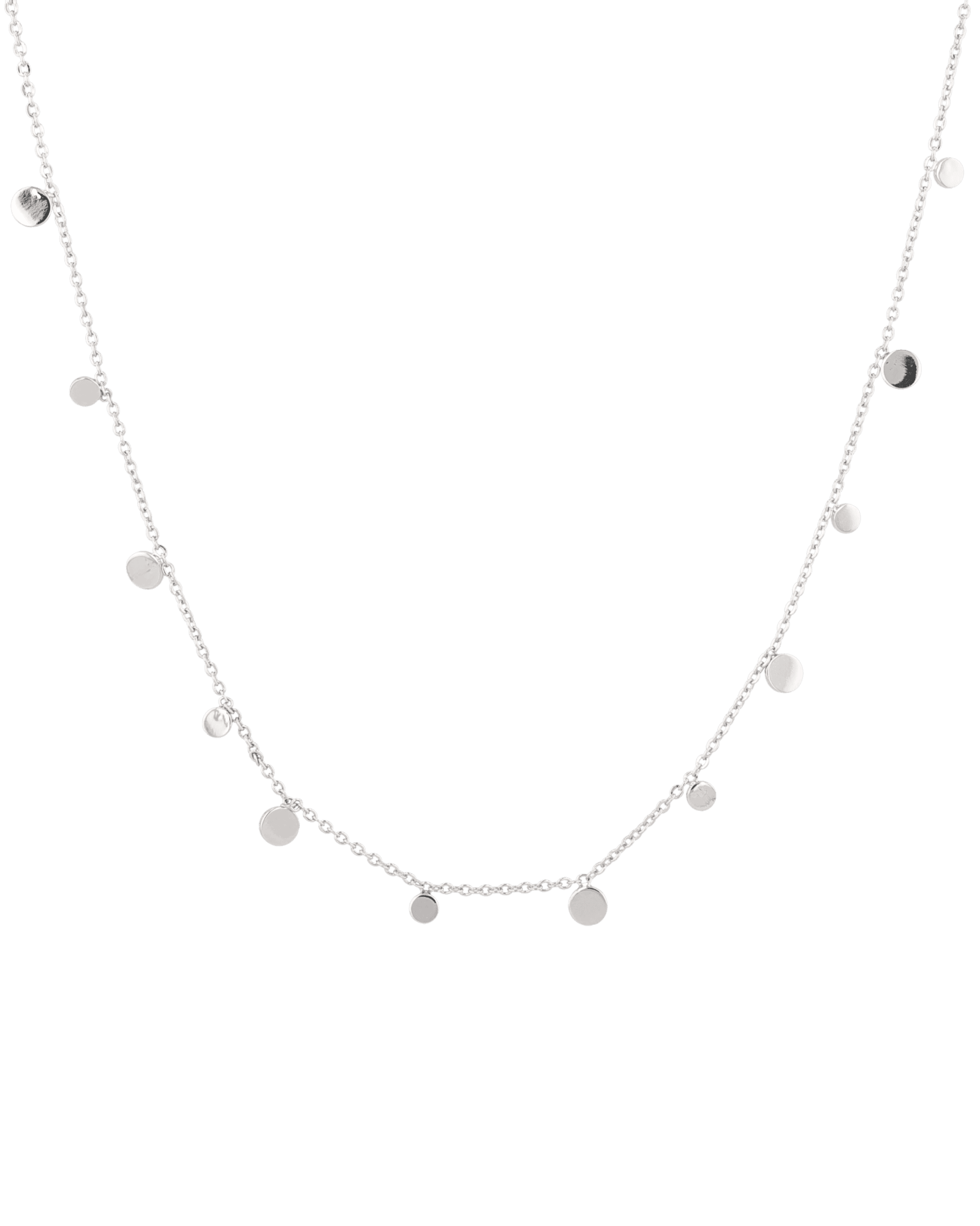 Dancing Discs Silver Chain Necklace by Lavana, fine chain with scattered polished discs, front view