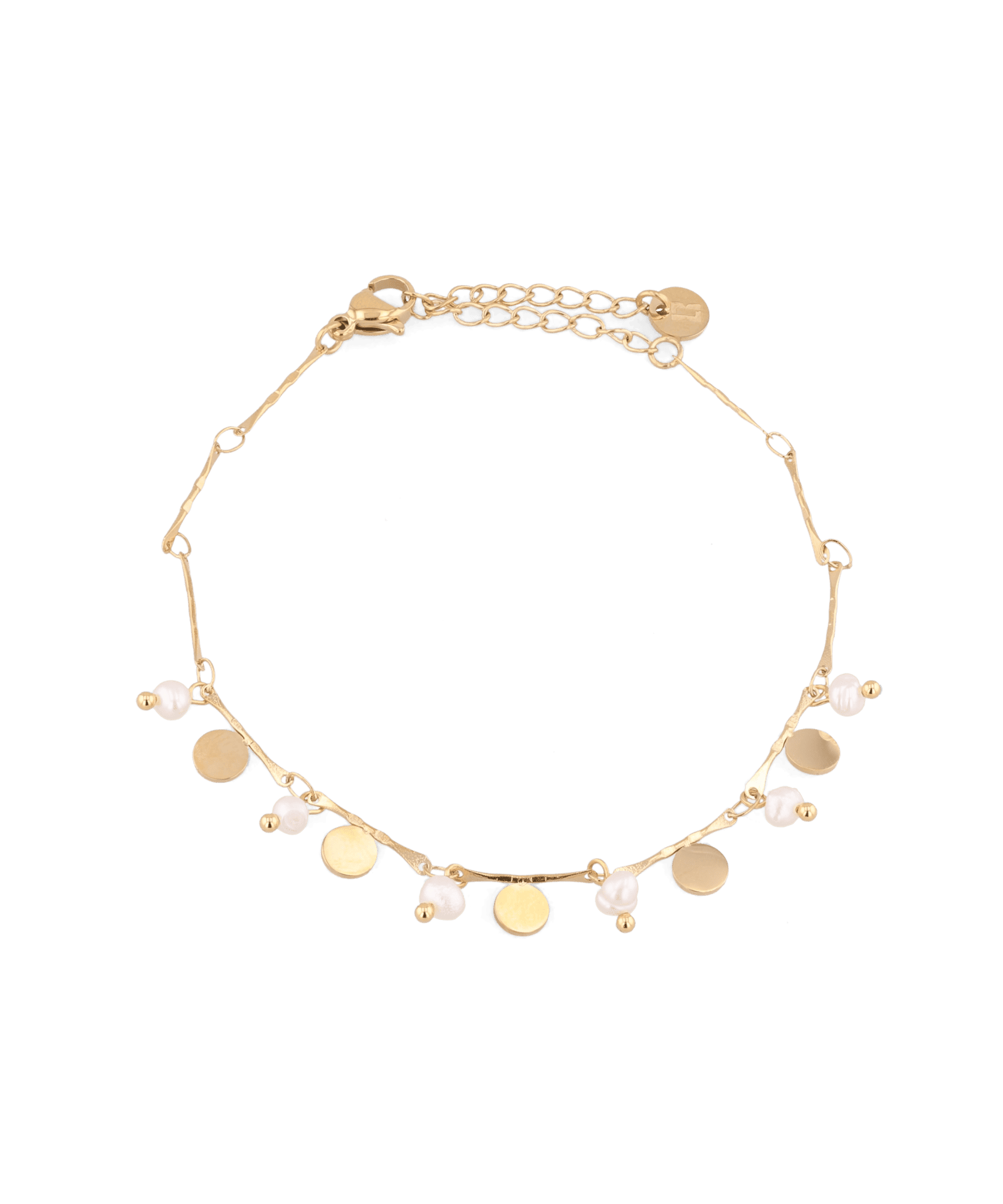 Dancing Discs Tango Gold Bracelet by Lavana, chain bracelet with discs and freshwater pearl charms