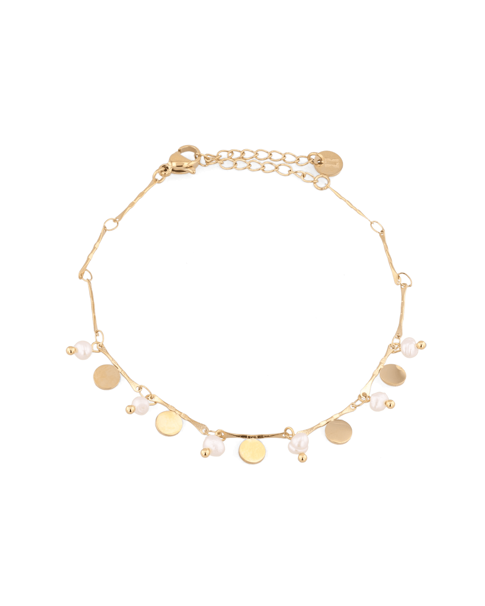 Dancing Discs Tango Gold Bracelet by Lavana, chain bracelet with discs and freshwater pearl charms