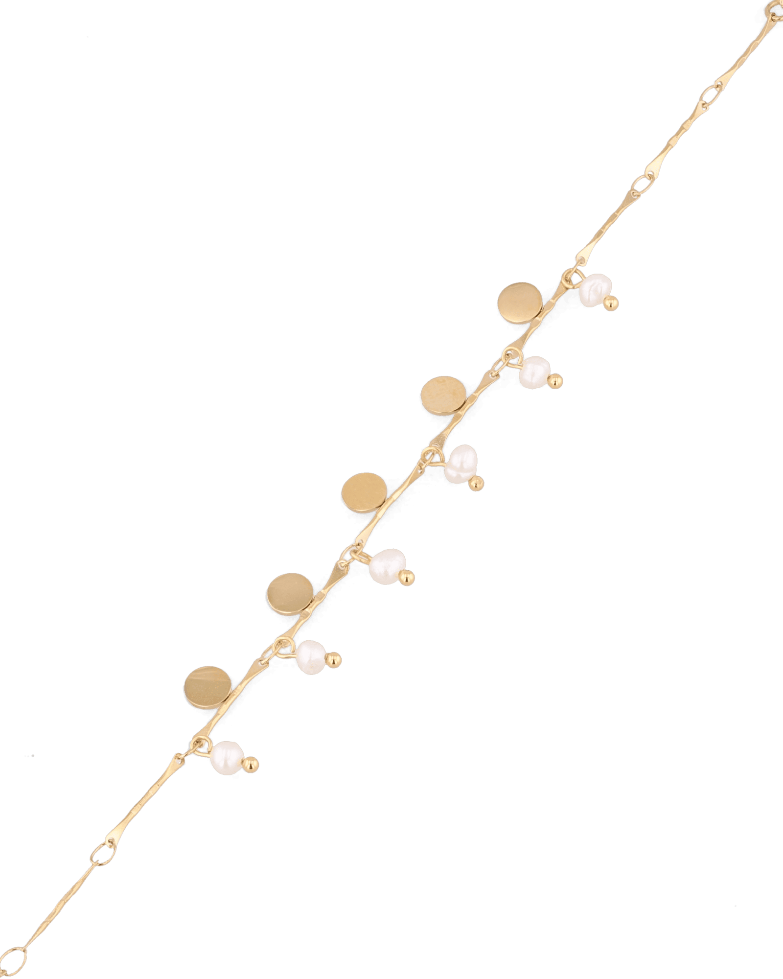 Dancing Discs Tango Gold Bracelet by Lavana, chain bracelet with discs and freshwater pearl charms