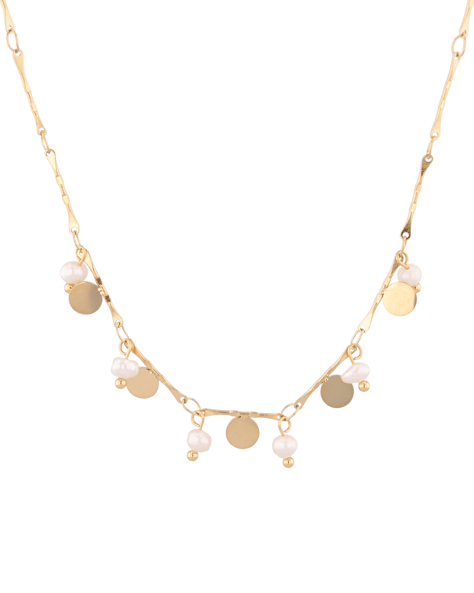 Dancing Discs Tango Gold Chain Necklace by Lavana, chain with alternating discs and freshwater pearls