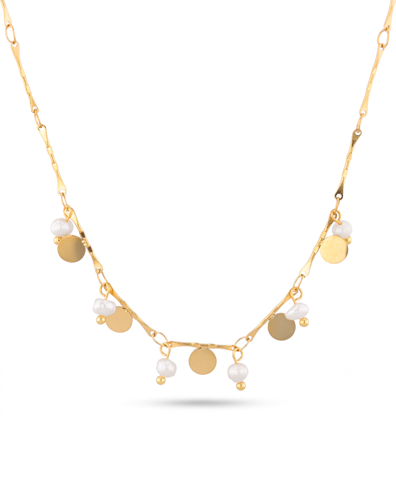 Dancing Discs Tango Gold Chain Necklace by Lavana chain with alternating discs and freshwater pearls 2