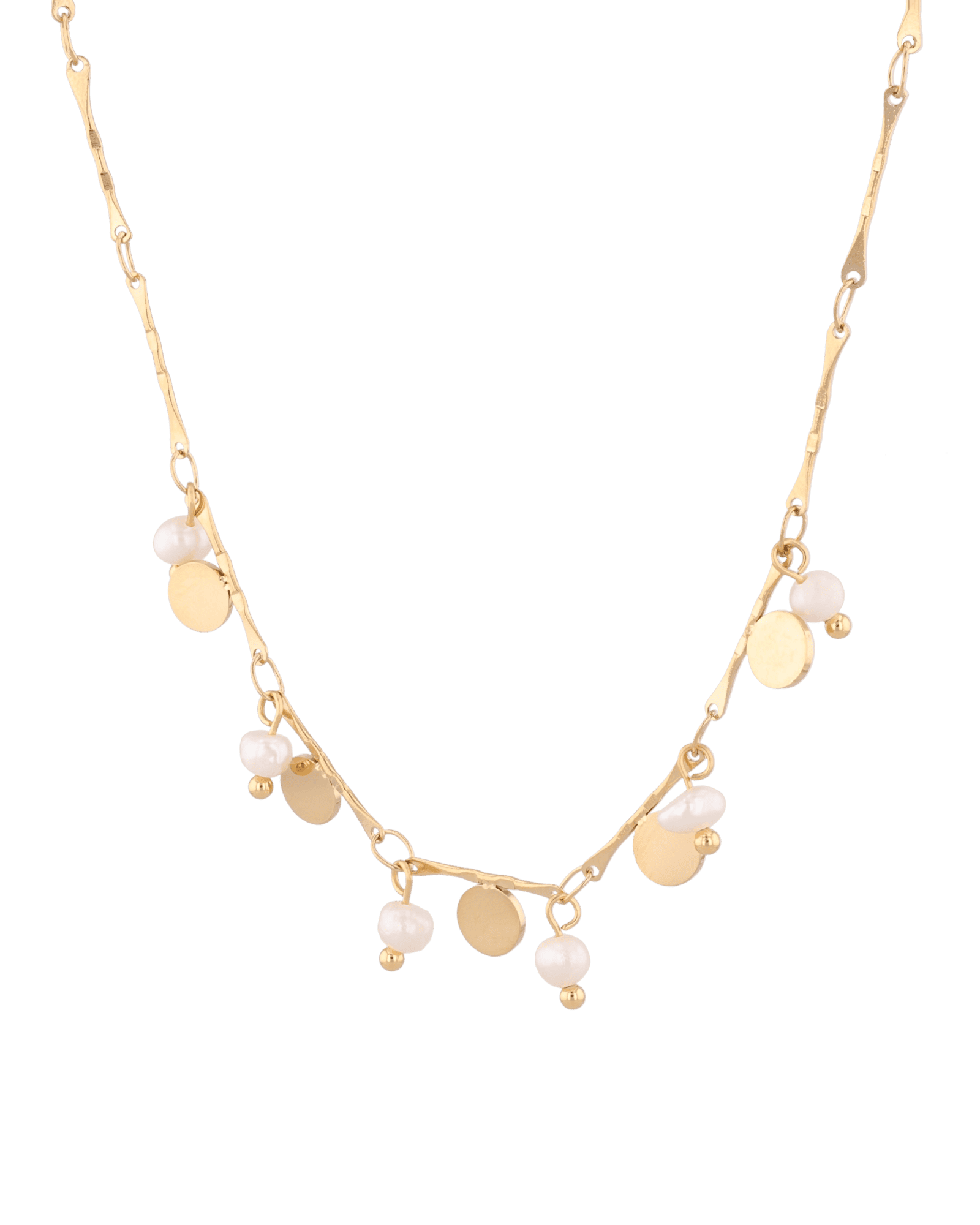 Dancing Discs Tango Gold Chain Necklace by Lavana, chain with alternating discs and freshwater pearls