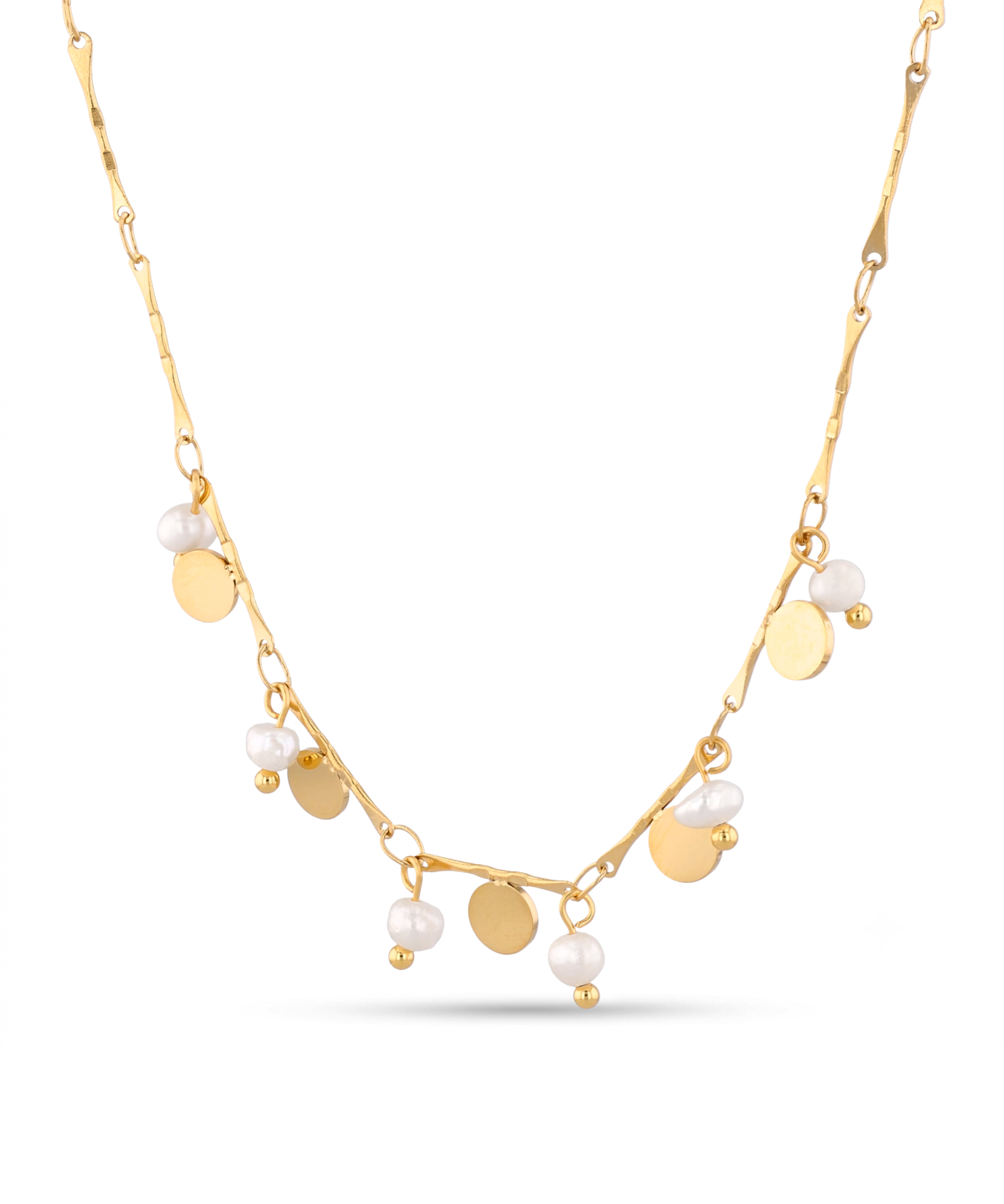 Dancing Discs Tango Gold Chain Necklace by Lavana chain with alternating discs and freshwater pearls 1