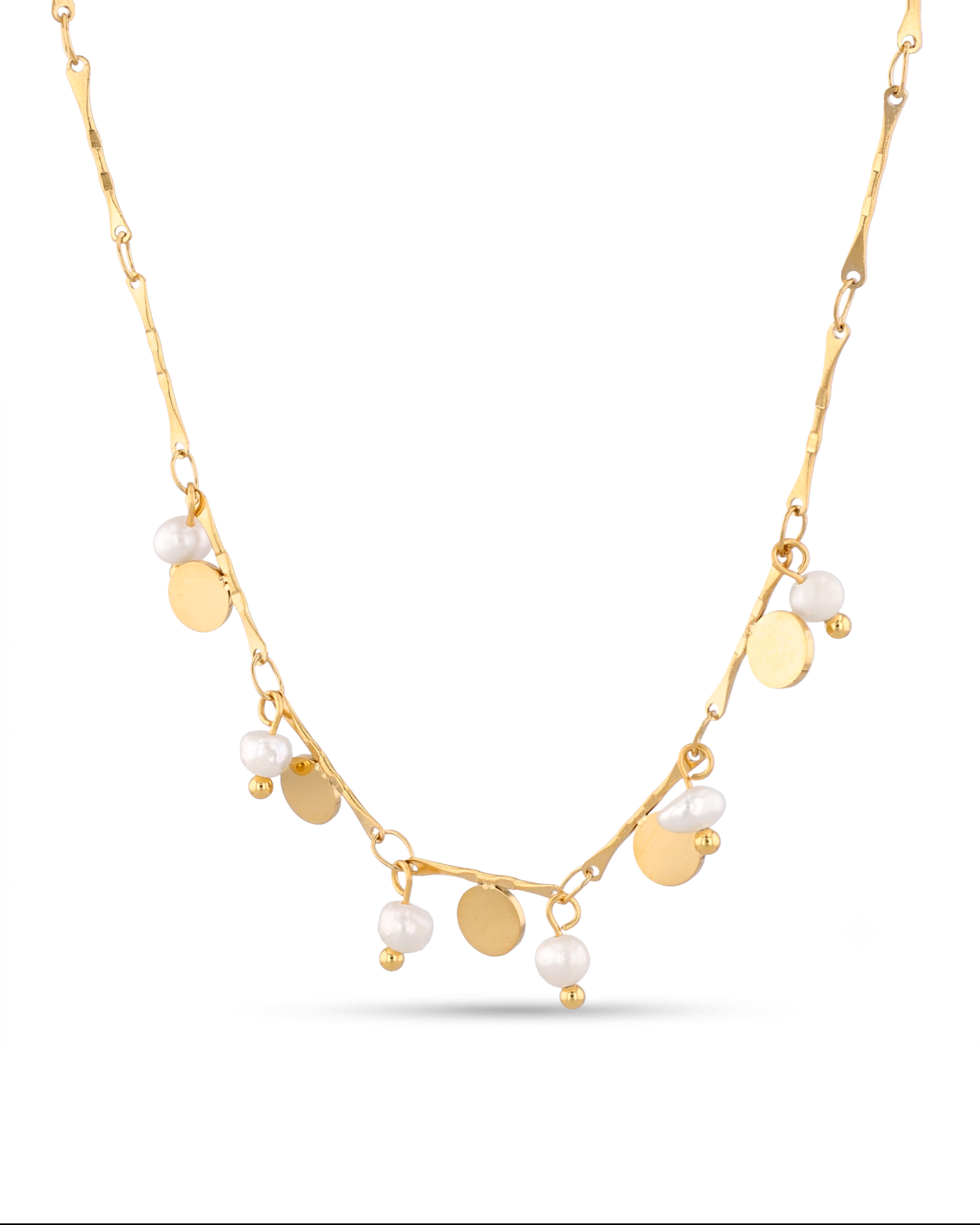 Dancing Discs Tango Gold Chain Necklace by Lavana chain with alternating discs and freshwater pearls 1