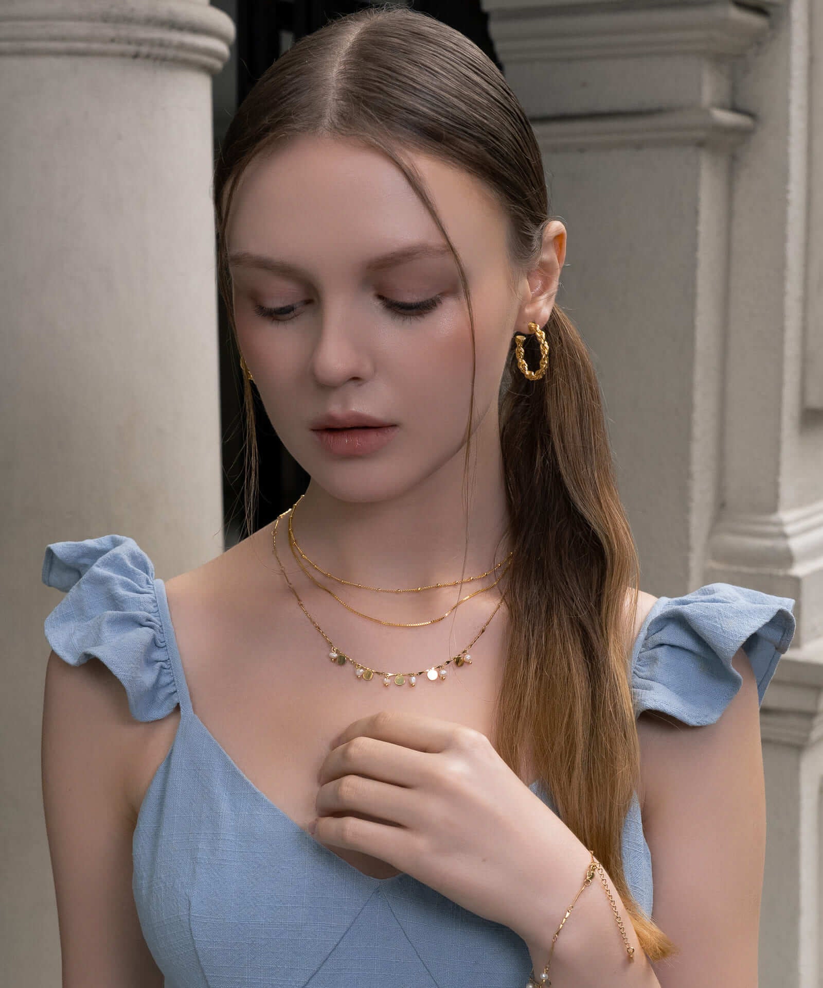 Dancing Discs Tango Gold Chain Necklace by Lavana, on model; chain with classic alternating discs and freshwater pearls 
