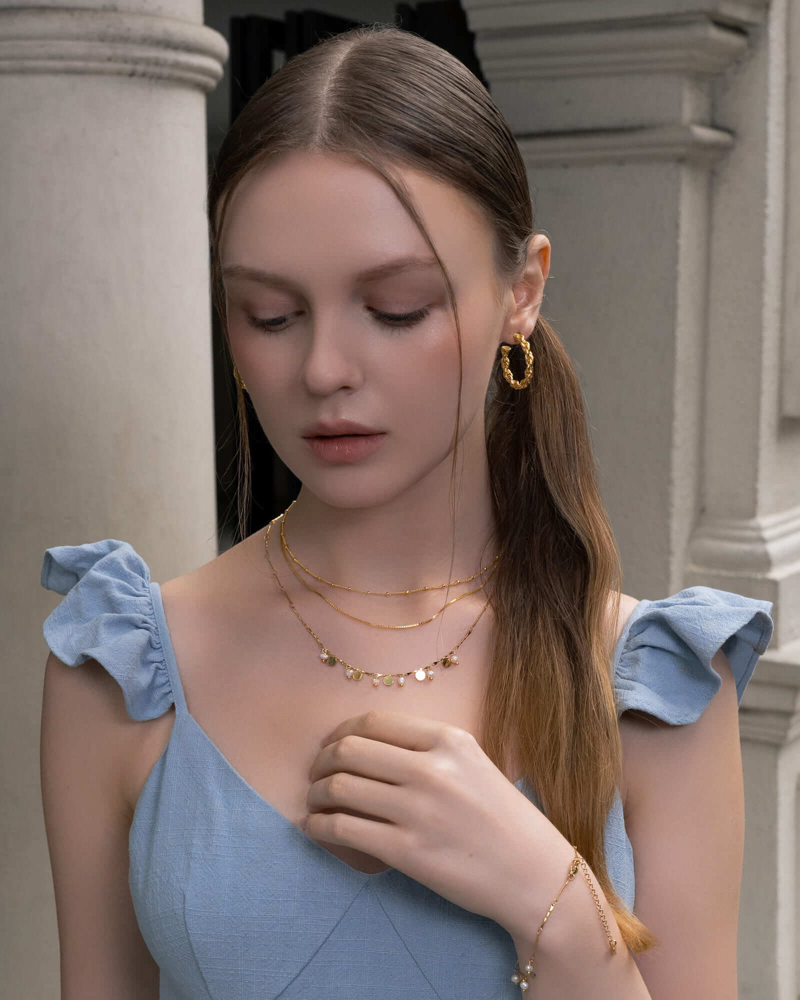 Dancing Discs Tango Gold Chain Necklace by Lavana, on model; chain with classic alternating discs and freshwater pearls 