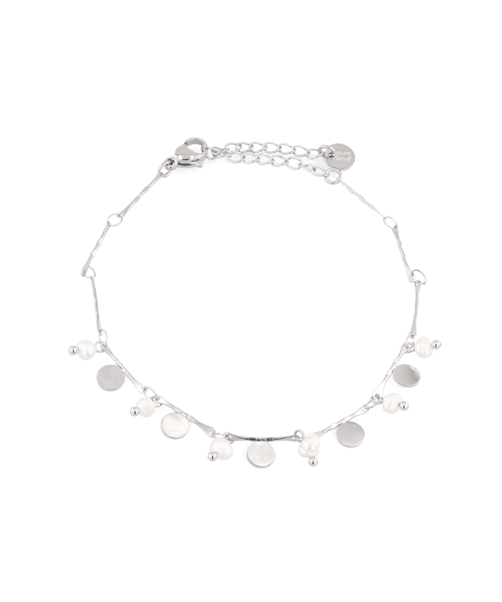 Dancing Discs Tango Silver Bracelet by Lavana, chain bracelet with discs and freshwater pearl charms