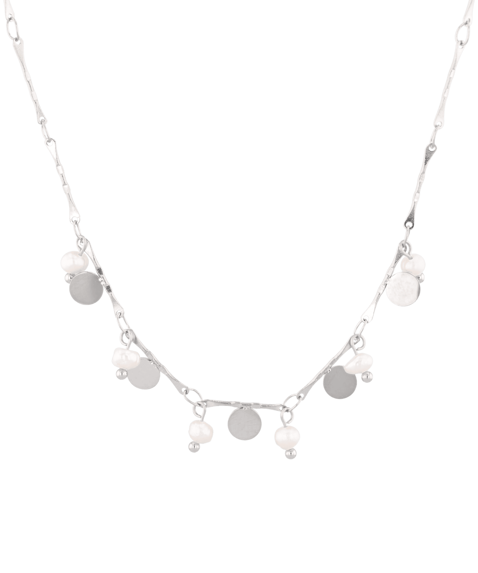 Dancing Discs Tango Silver Chain Necklace by Lavana, chain with alternating discs and freshwater pearls