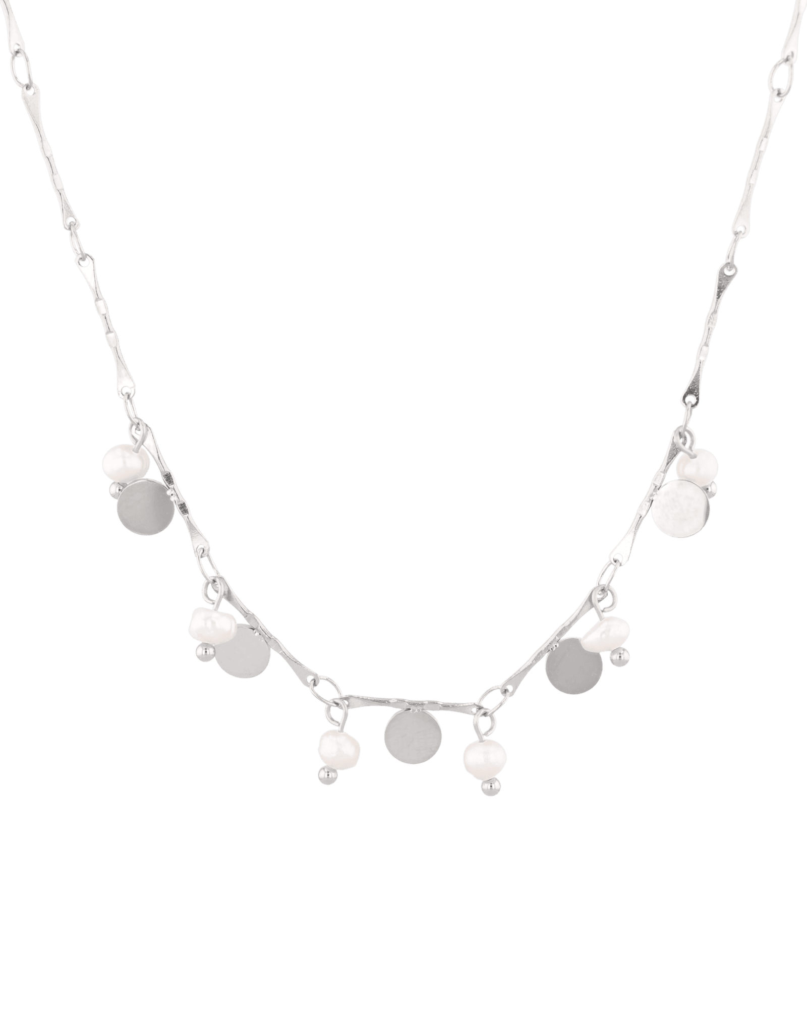 Dancing Discs Tango Silver Chain Necklace by Lavana, chain with alternating discs and freshwater pearls