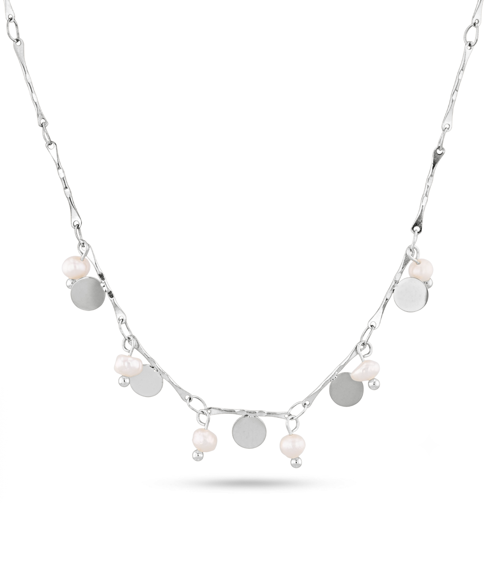 Dancing Discs Tango Silver Chain Necklace by Lavana chain with alternating discs and freshwater pearls 1