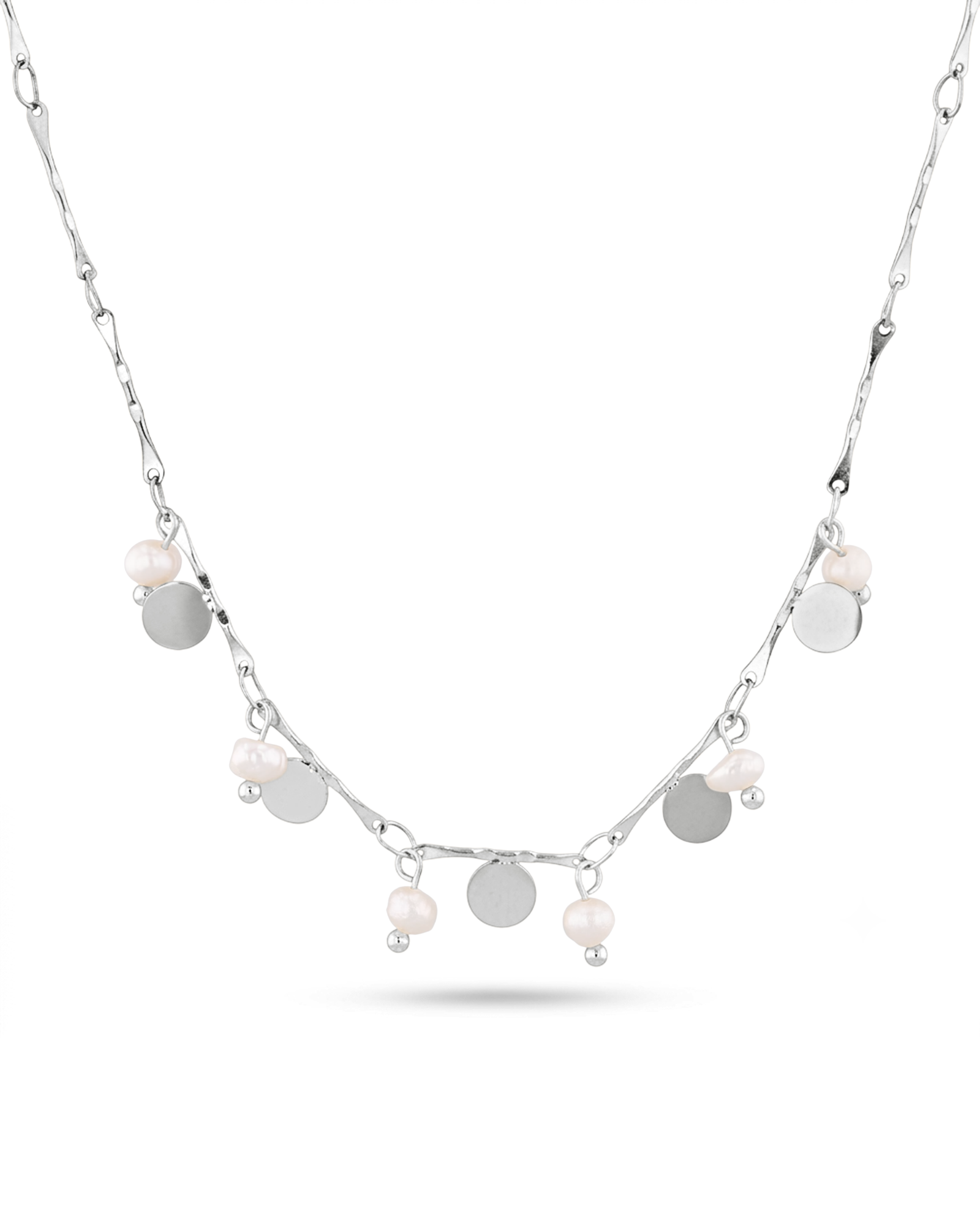 Dancing Discs Tango Silver Chain Necklace by Lavana chain with alternating discs and freshwater pearls 1