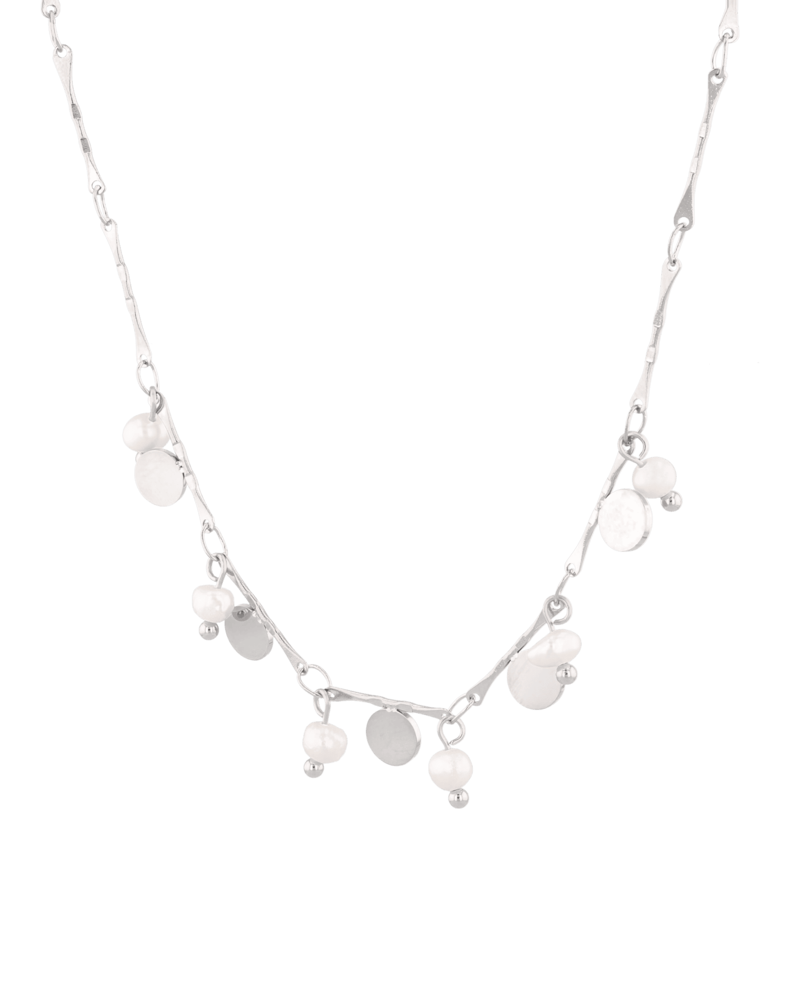 Dancing Discs Tango Silver Chain Necklace by Lavana, chain with alternating discs and freshwater pearls