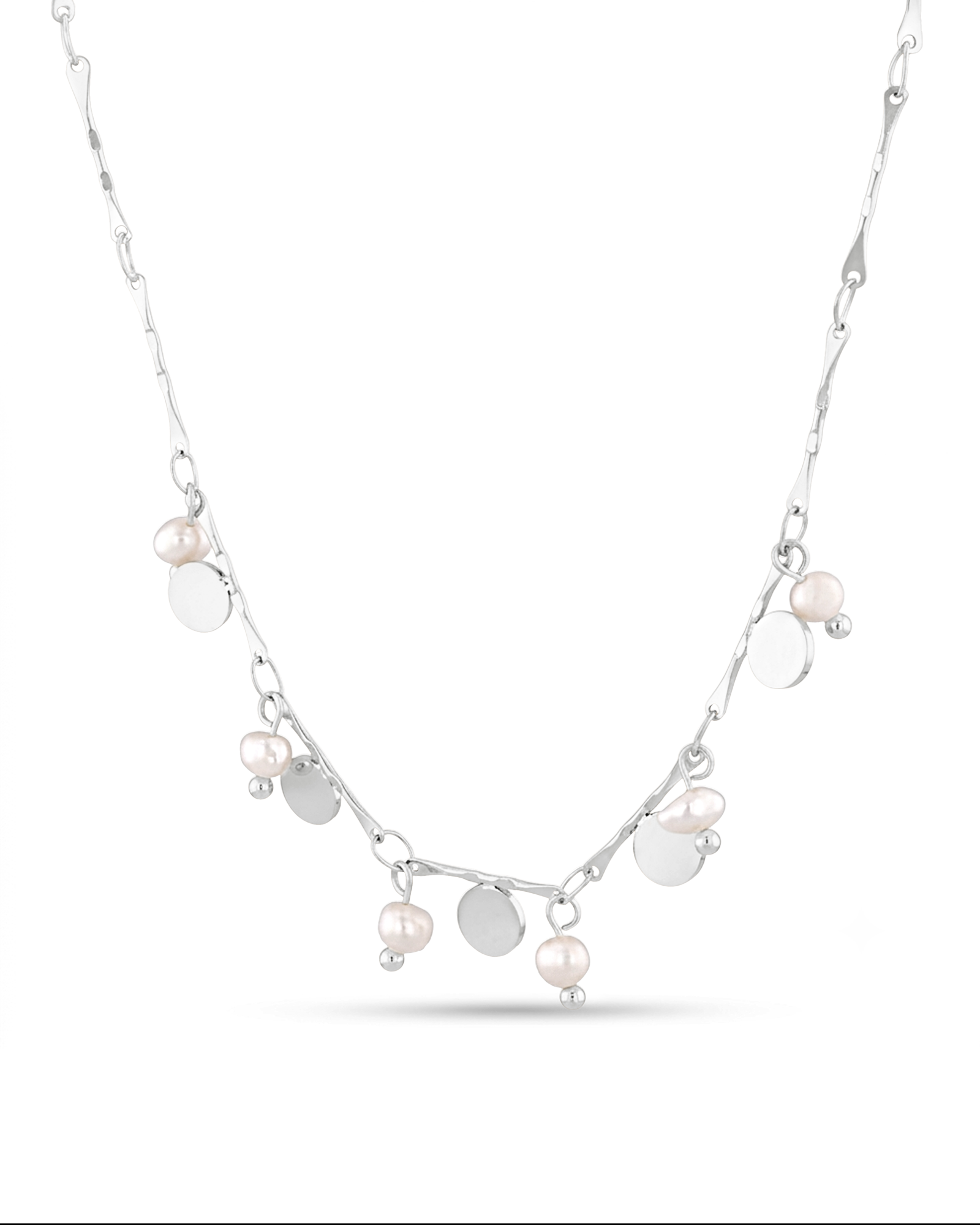 Dancing Discs Tango Silver Chain Necklace by Lavana chain with alternating discs and freshwater pearls 2