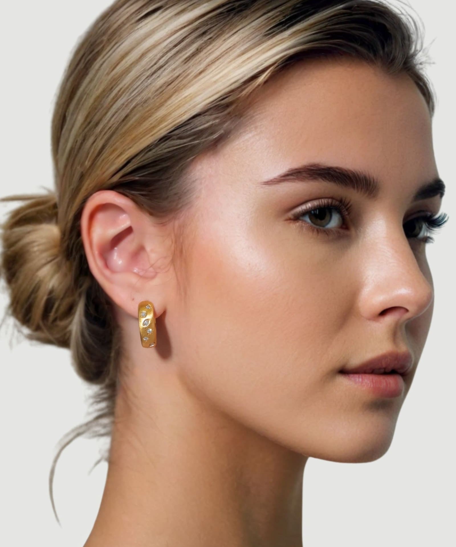 Dancing Stars Gold Hoop Earrings by Lavana on model lab-grown diamonds in star settings