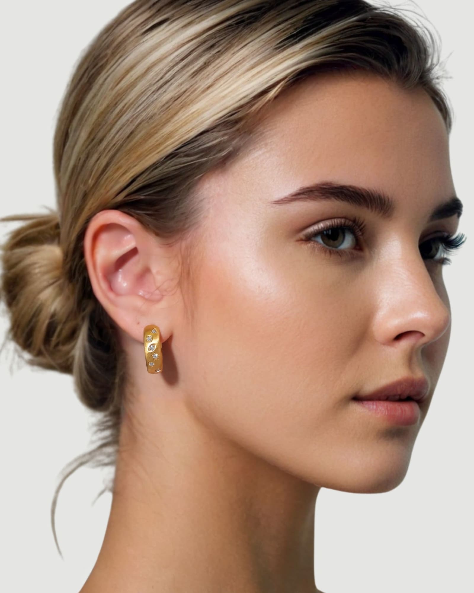 Dancing Stars Gold Hoop Earrings by Lavana on model lab-grown diamonds in star settings