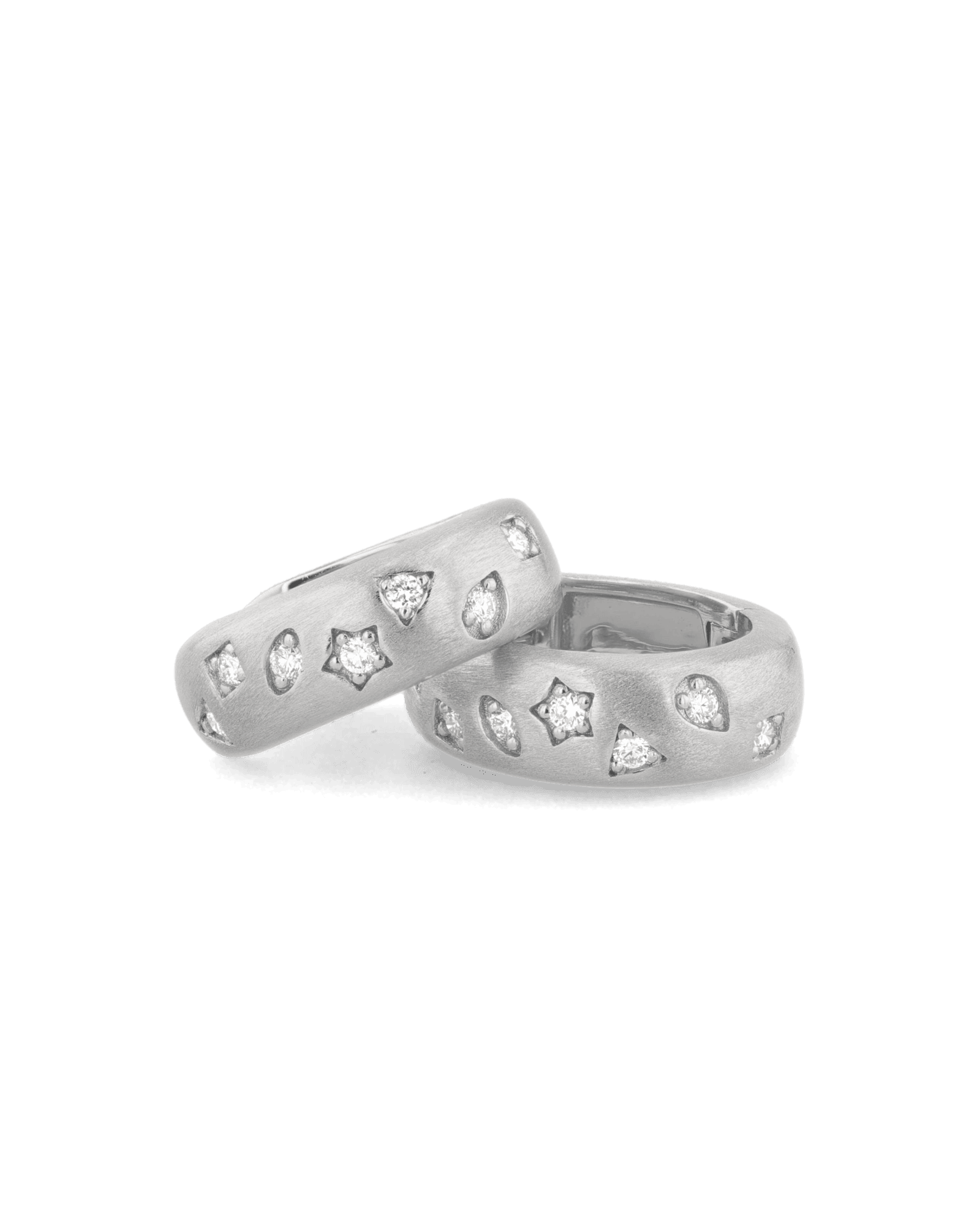 Dancing Stars Silver Hoop Earrings by Lavana, lab grown diamonds in star and oval shapes