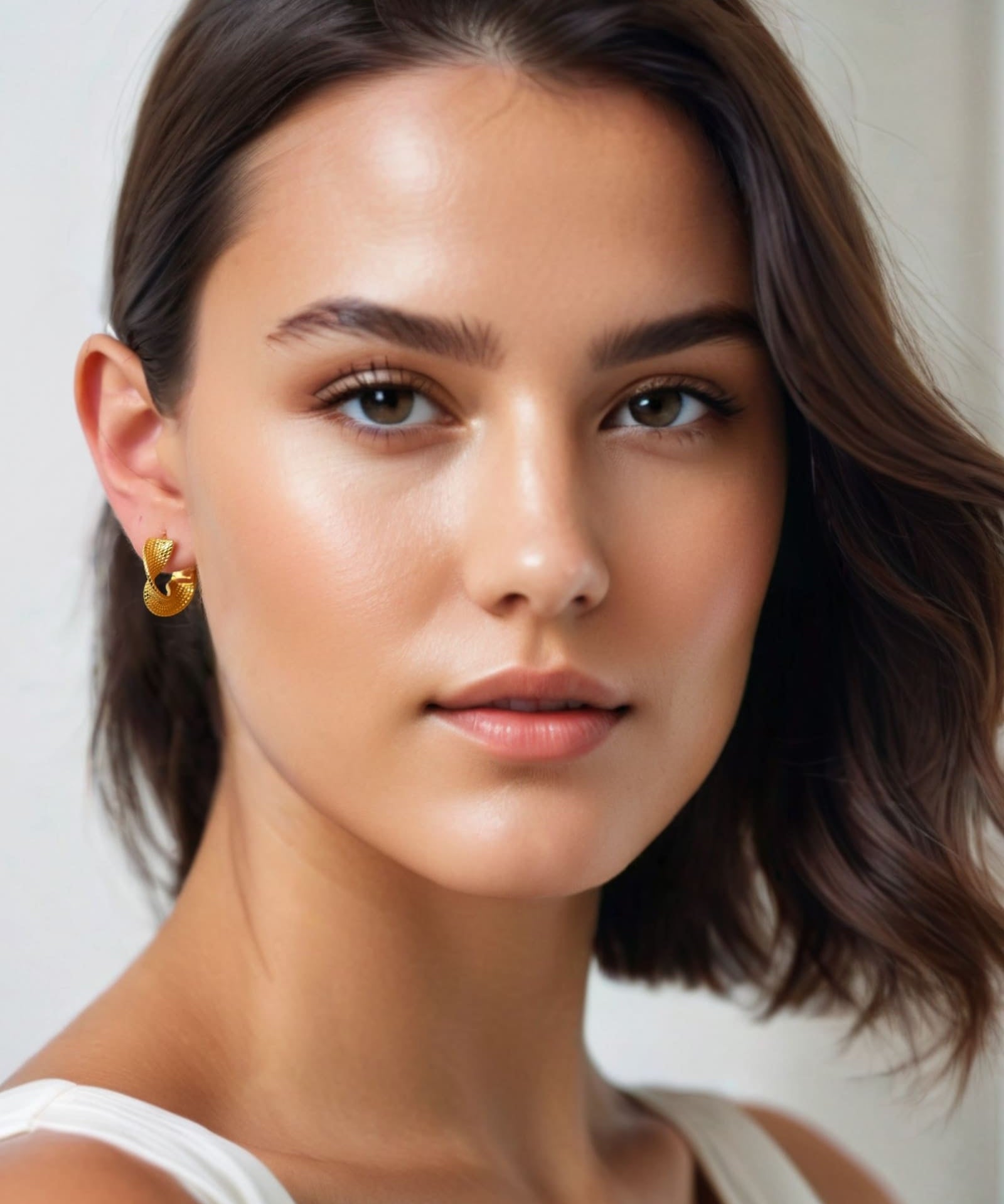 Disco Mesh Gold Hoop Earrings by Lavana, on model; Twisty mesh texture with polished shine