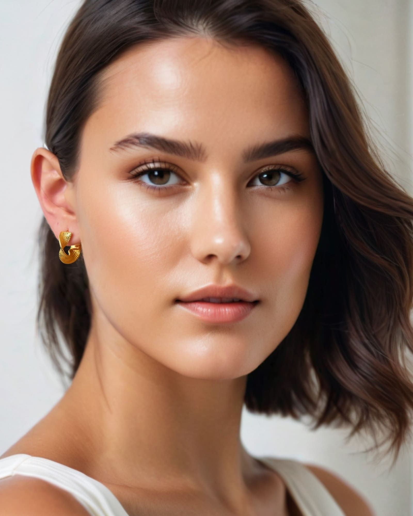 Disco Mesh Gold Hoop Earrings by Lavana, on model; Twisty mesh texture with polished shine