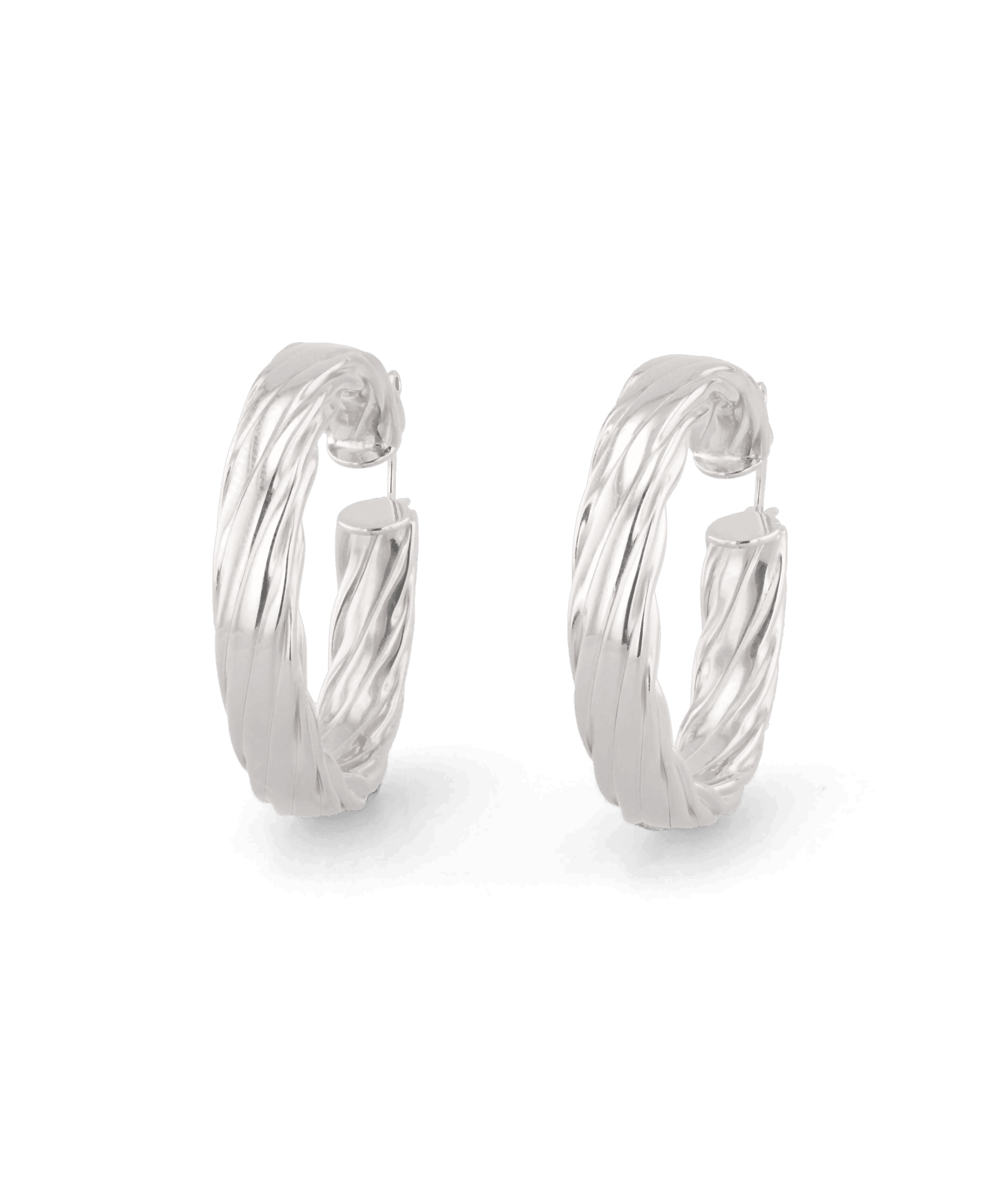 Drift Silver Hoop Earrings by Lavana, wide polished hoops with deep groove texture