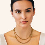 Echo Lariat Gold Chain Necklace by Lavana, on model; graduated rolo chain with disc drop
