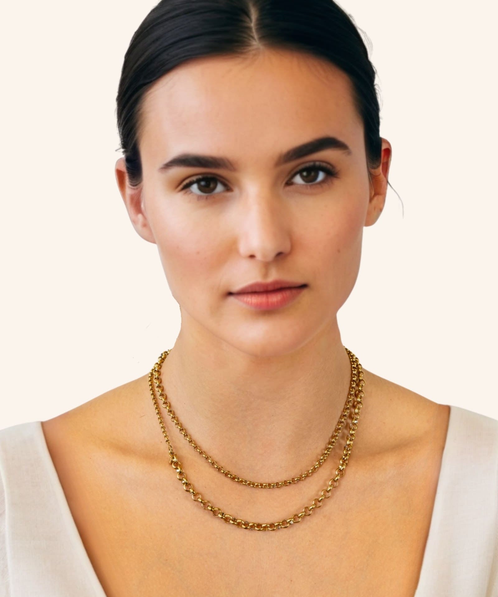 Echo Lariat Gold Chain Necklace by Lavana, on model; graduated rolo chain with disc drop