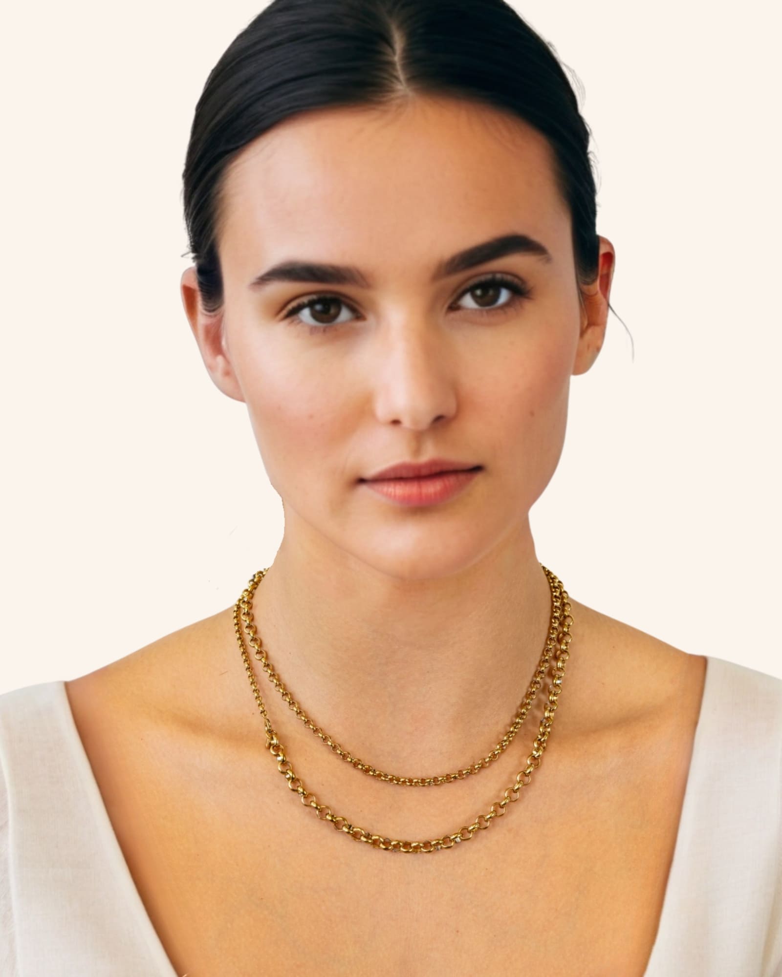 Echo Lariat Gold Chain Necklace by Lavana, on model; graduated rolo chain with disc drop