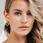 Eloise Chevron Square Gold Hoop Earrings by Lavana, on model; squared hoops with chevron texture