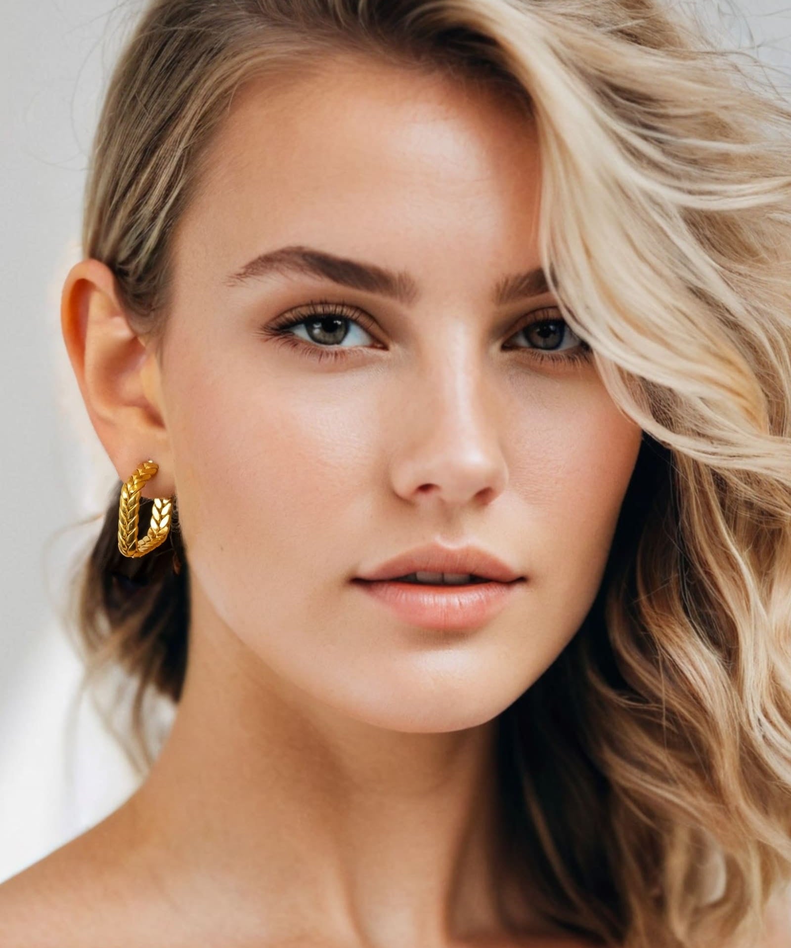 Eloise Chevron Square Gold Hoop Earrings by Lavana, on model; squared hoops with chevron texture