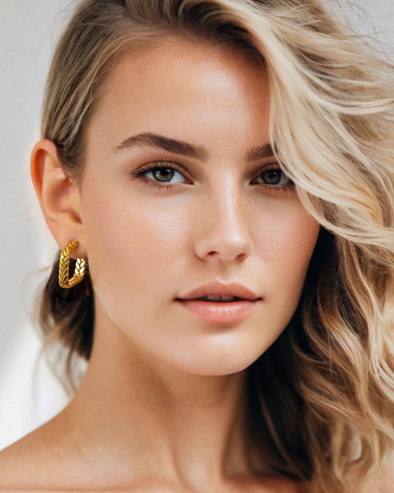 Eloise Chevron Square Gold Hoop Earrings by Lavana, on model; squared hoops with chevron texture