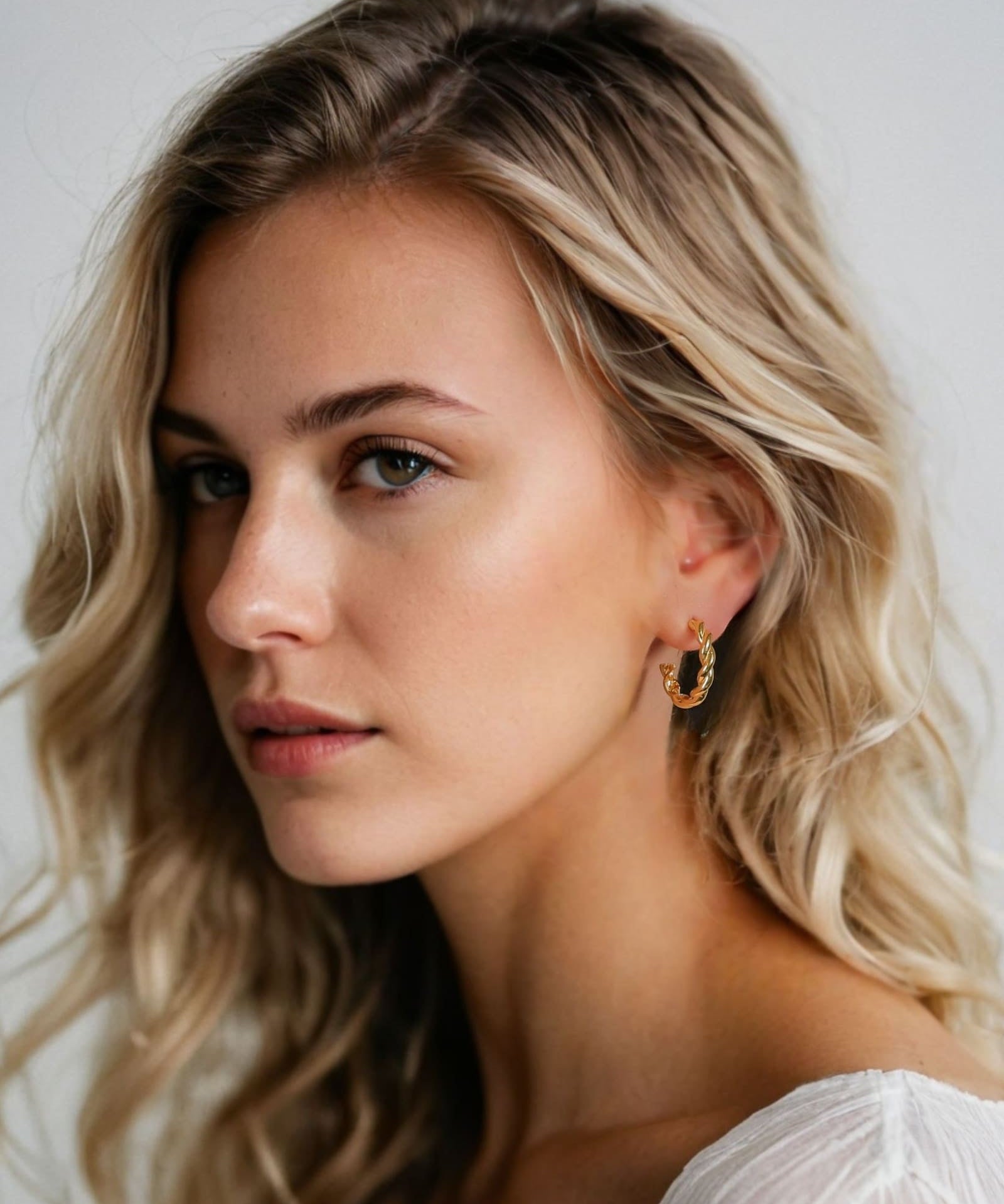 Entwine Gold Hoop Earrings by Lavana on model open hoop with twisted rope detail