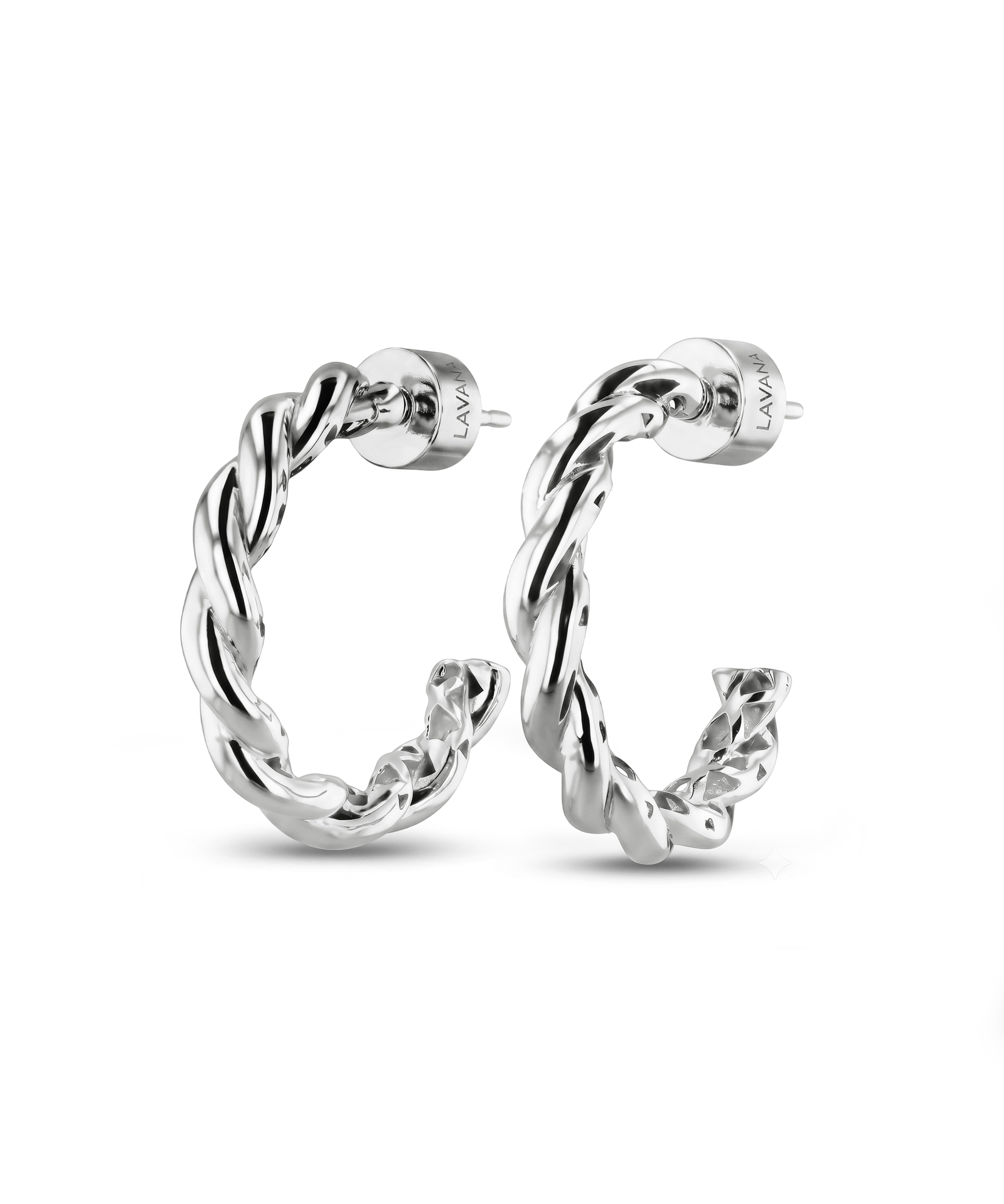 Entwine Silver Hoop Earrings by Lavana, open hoop with twisted rope design 1