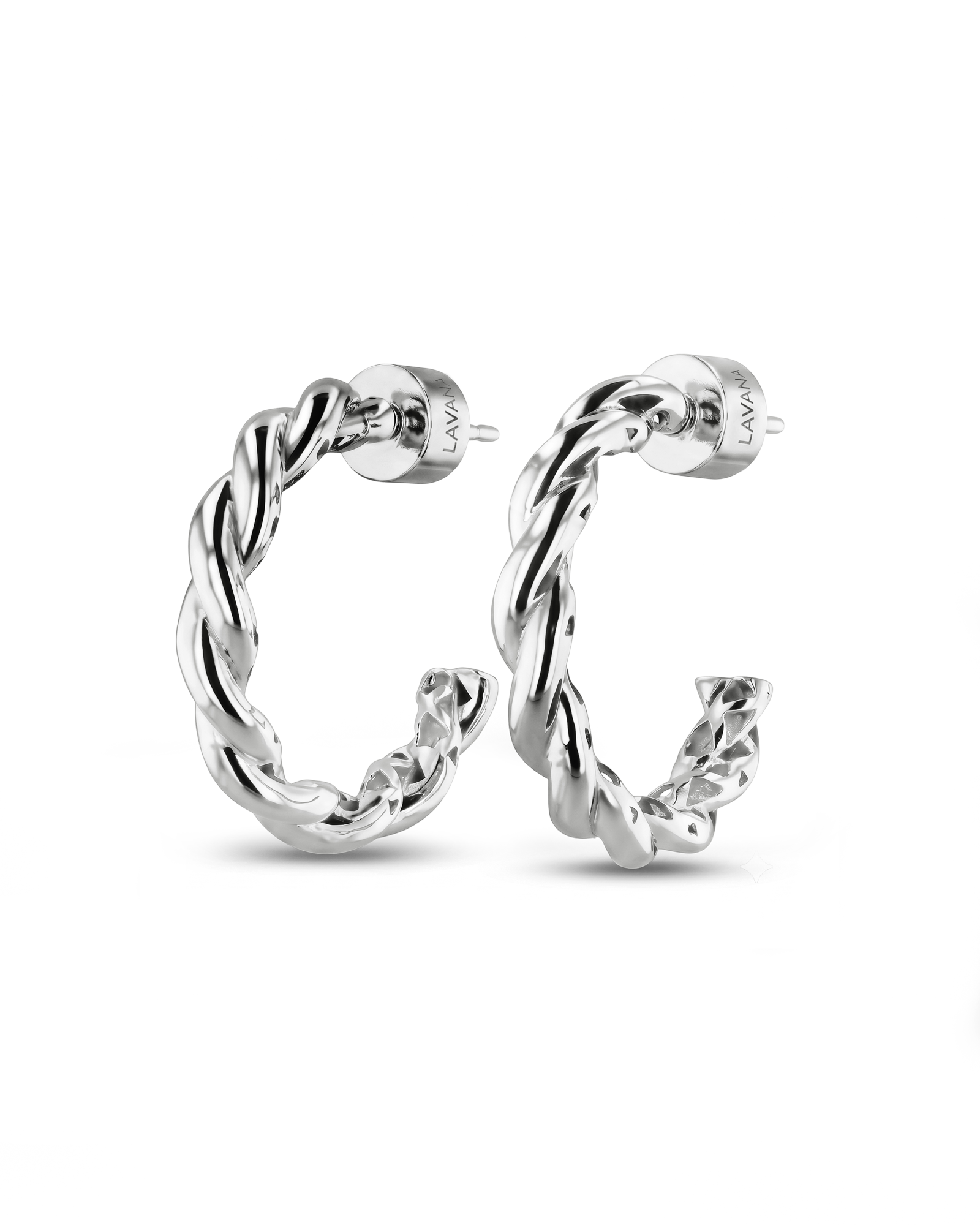 Entwine Silver Hoop Earrings by Lavana, open hoop with twisted rope design 1