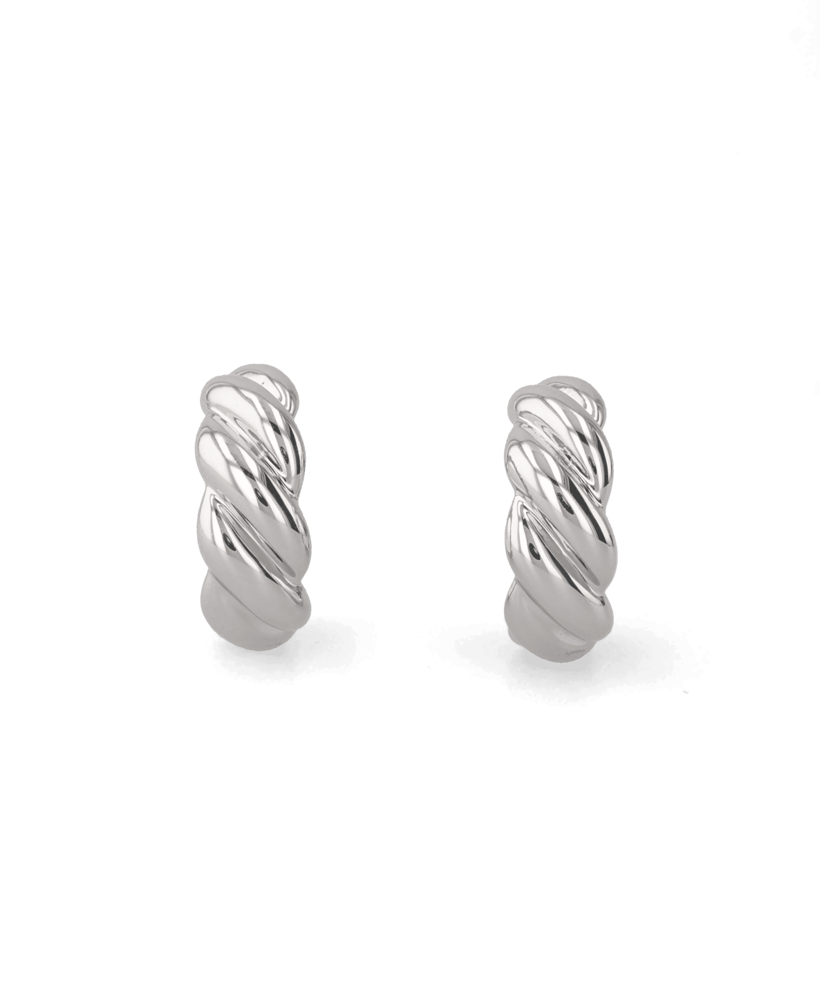 Eve Twist Silver Hoop Earrings by LAVANA, compact huggie hoop with intertwined twist