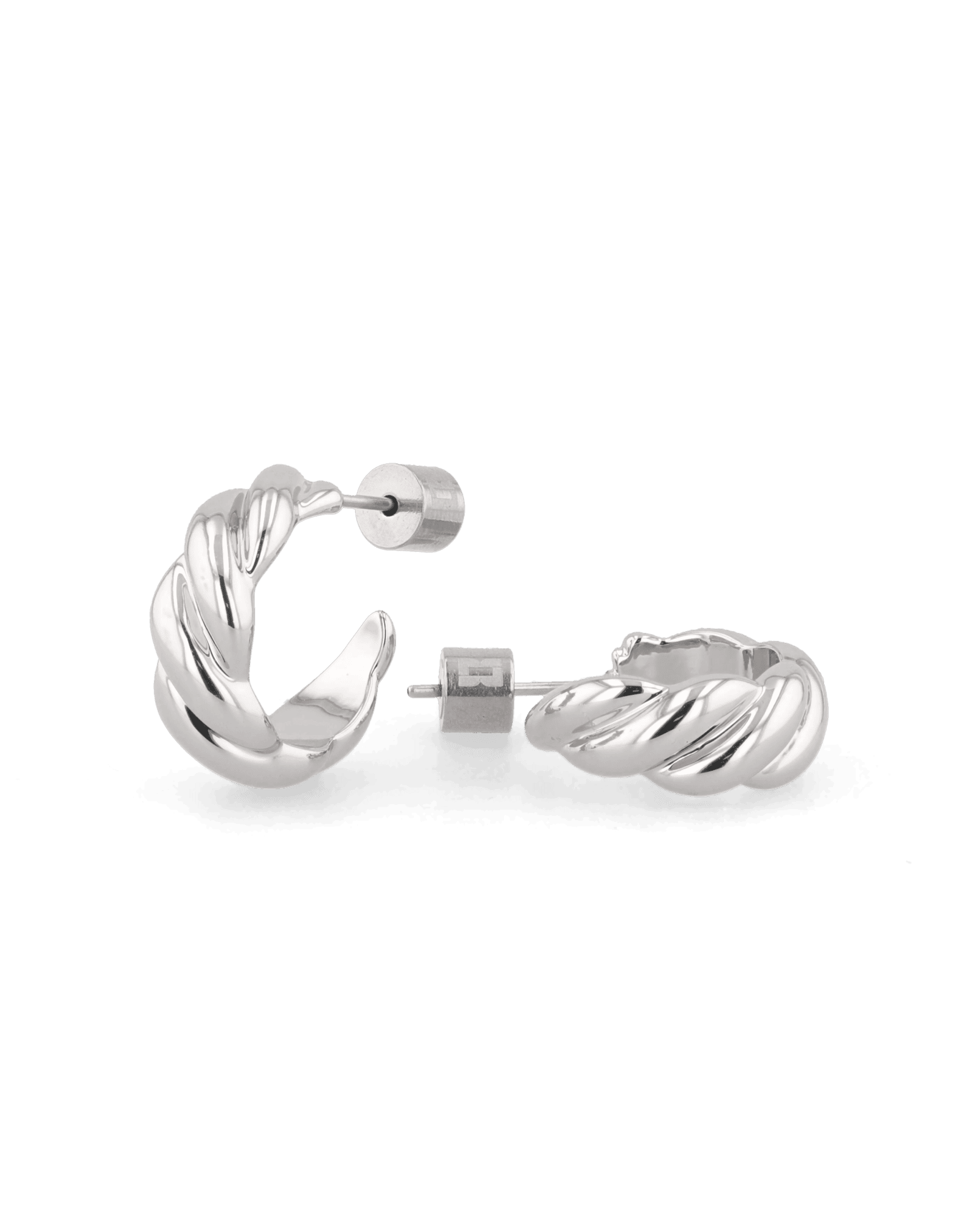 Eve Twist Silver Hoop Earrings by LAVANA, compact huggie hoop with intertwined twist