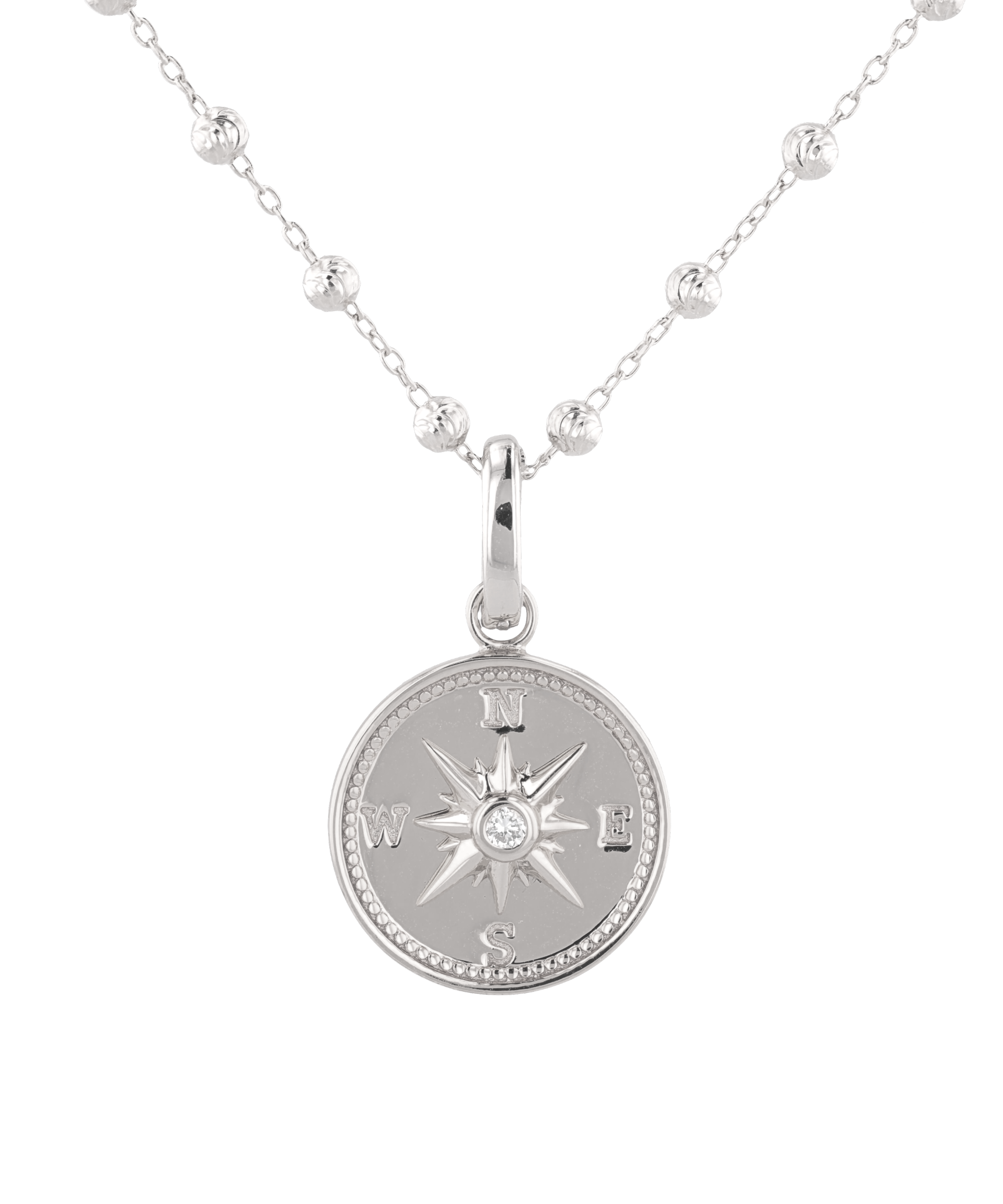 Exploration Compass Diamond Pendant by Lavana in rhodium plated sterling silver with centre diamond