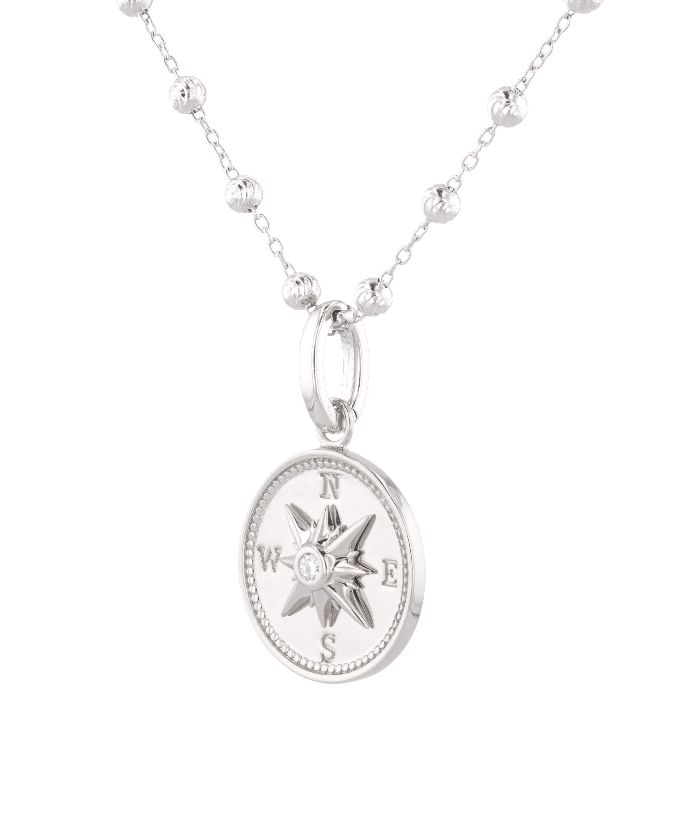 Exploration Compass Diamond Pendant by Lavana in rhodium plated sterling silver with centre diamond