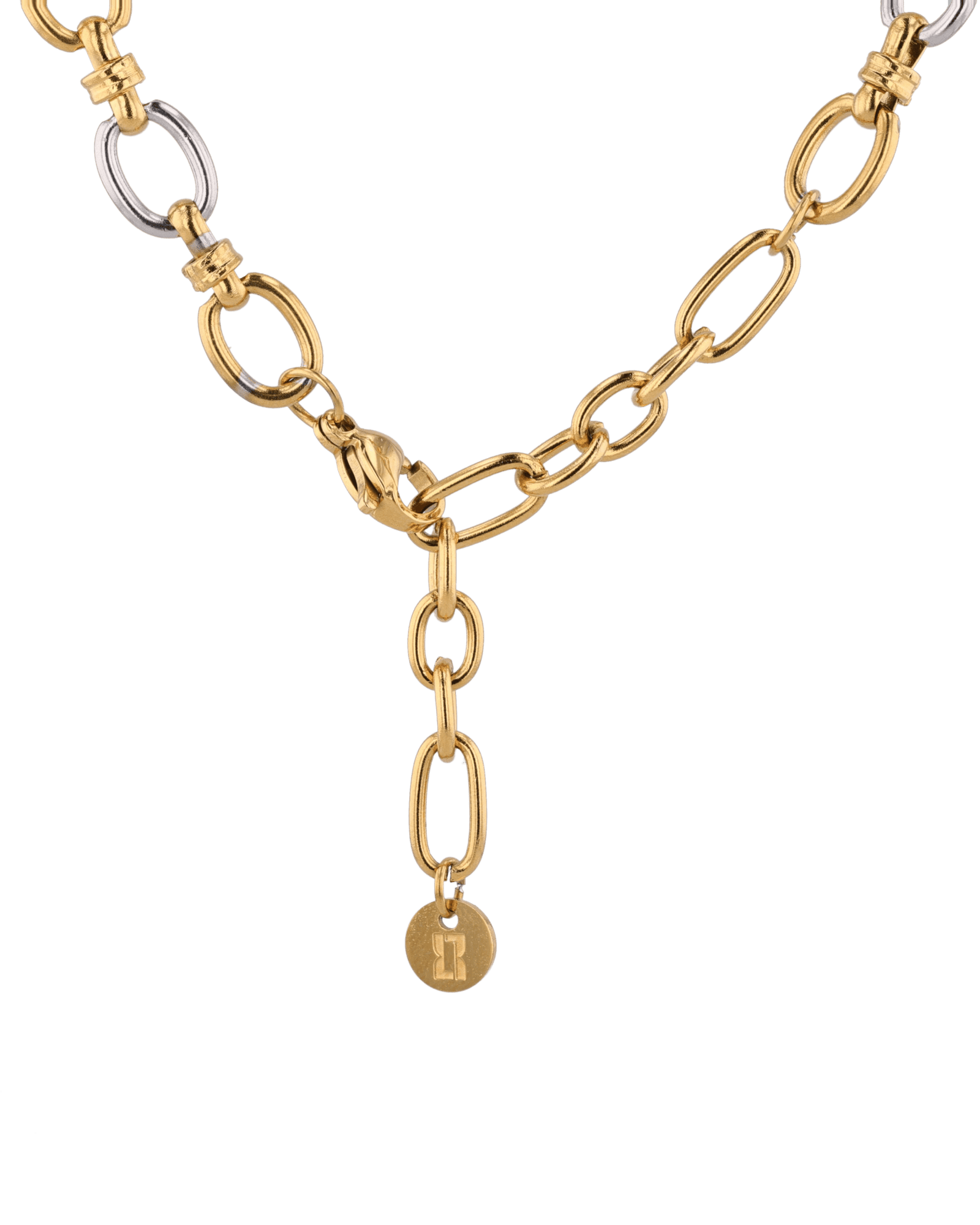 Fia Two-Tone Link Necklace by Lavana, with alternating gold and silver links, clasp