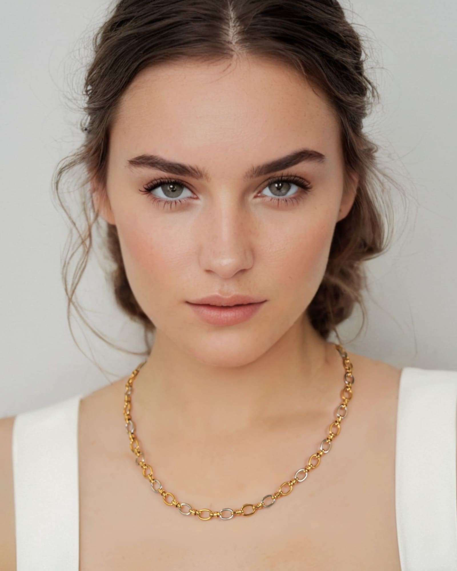 Fia Two Tone Link Necklace by Lavana on model alternating gold and silver links