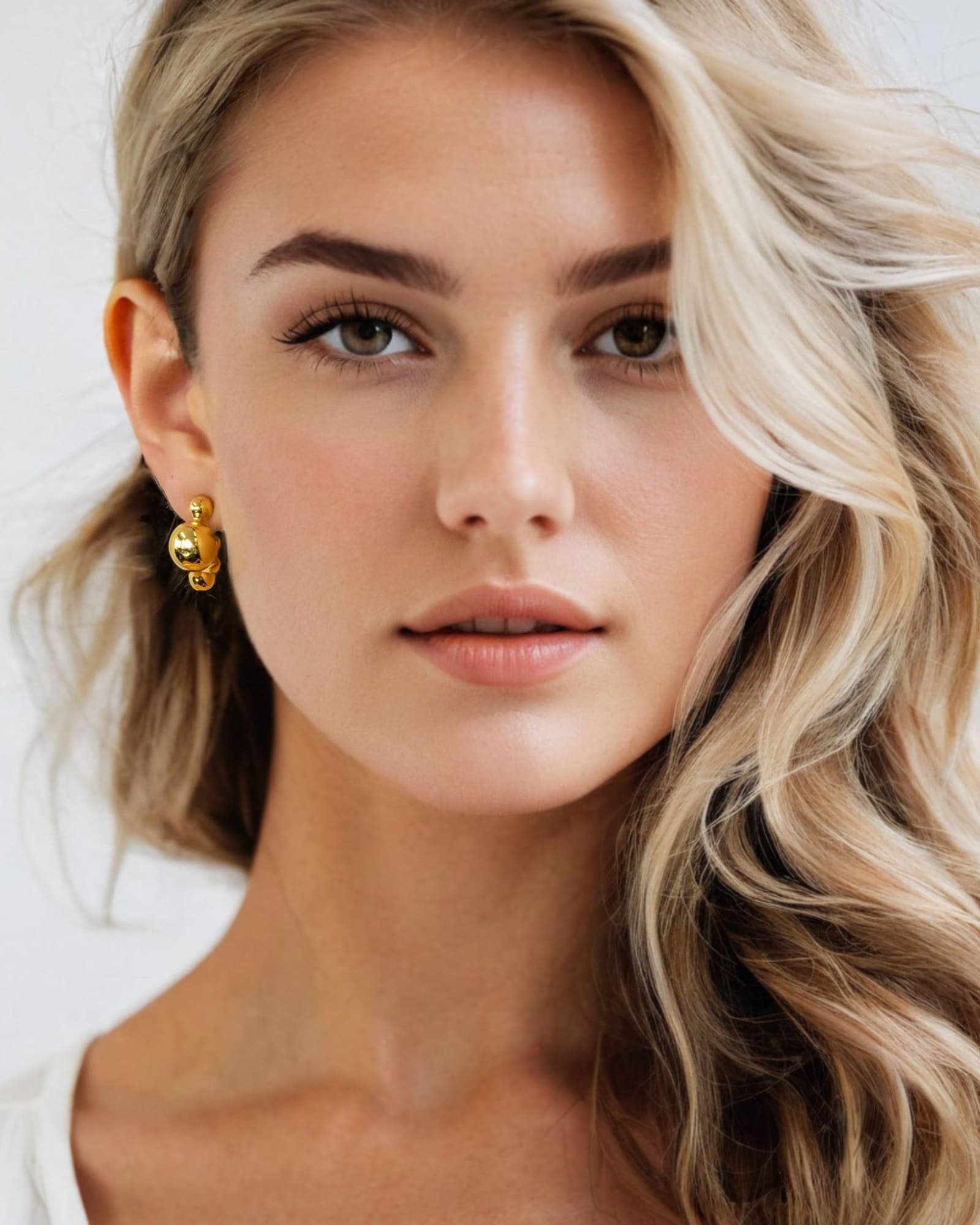 Floating Pebble Gold Huggie Earrings by Lavana, on model; polished pebble domes on bold huggie